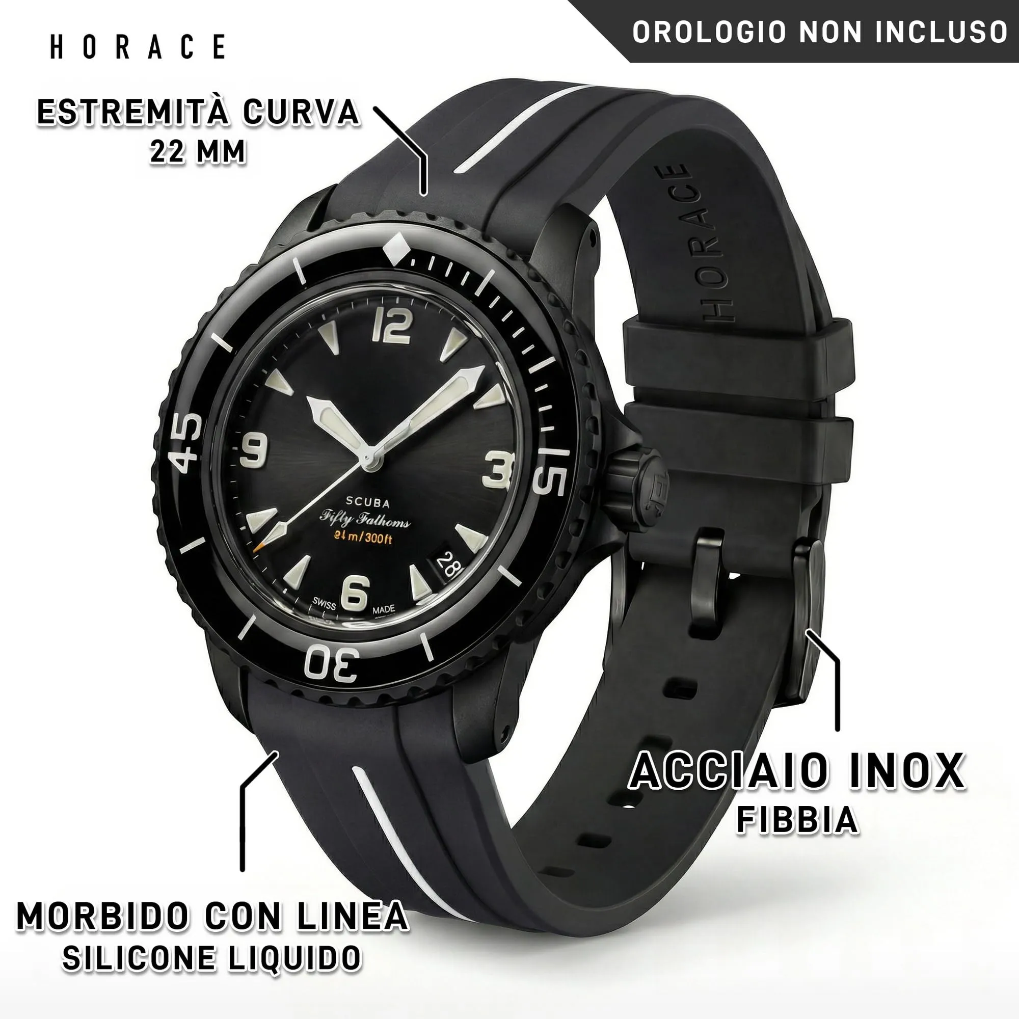 HORACE Cinturino in Silicone Liquido 22 mm per Blancpain x Swatch Scuba Fifty Fathoms (Nero - Linea Bianca) - immagine 2
