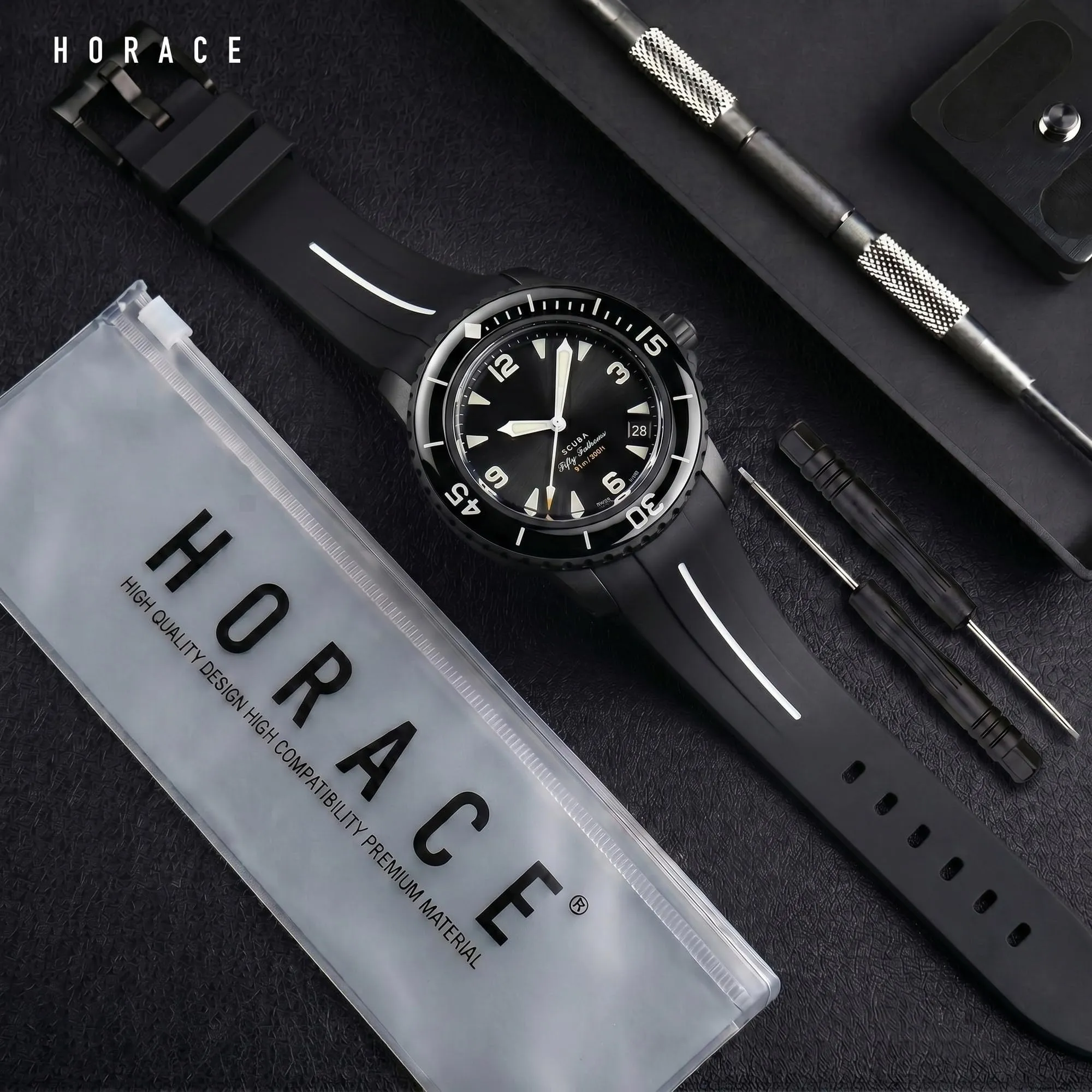 HORACE Cinturino in Silicone Liquido 22 mm per Blancpain x Swatch Scuba Fifty Fathoms (Nero - Linea Bianca) - immagine 3
