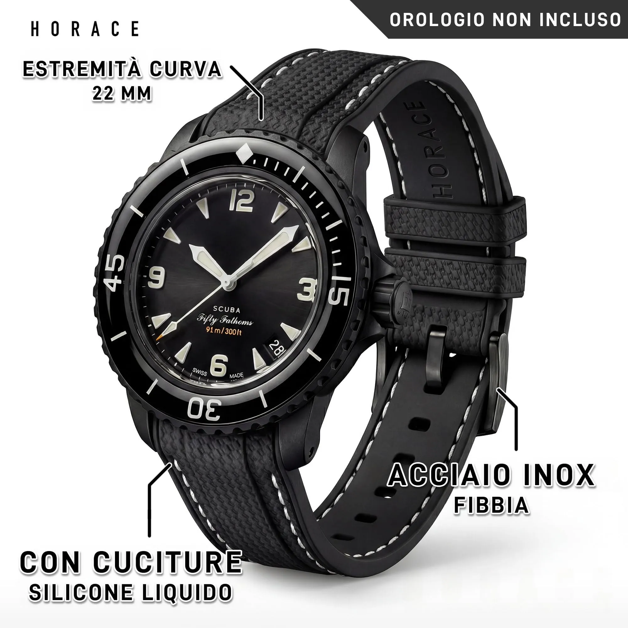 HORACE Cinturino in Silicone Liquido 22mm per Blancpain x Swatch Scuba Fifty Fathoms (Nero - Cucitura Bianca) - immagine 2