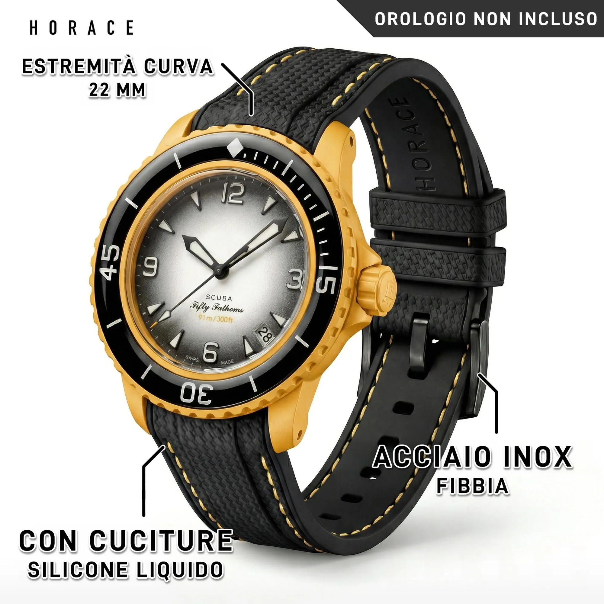 HORACE Cinturino in Silicone Liquido 22 mm per Blancpain x Swatch Scuba Fifty Fathoms (Nero - Cucitura Gialla) - immagine 2