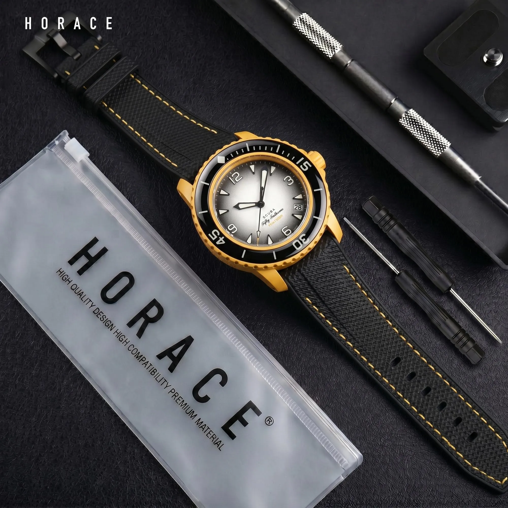 HORACE Cinturino in Silicone Liquido 22 mm per Blancpain x Swatch Scuba Fifty Fathoms (Nero - Cucitura Gialla) - immagine 3