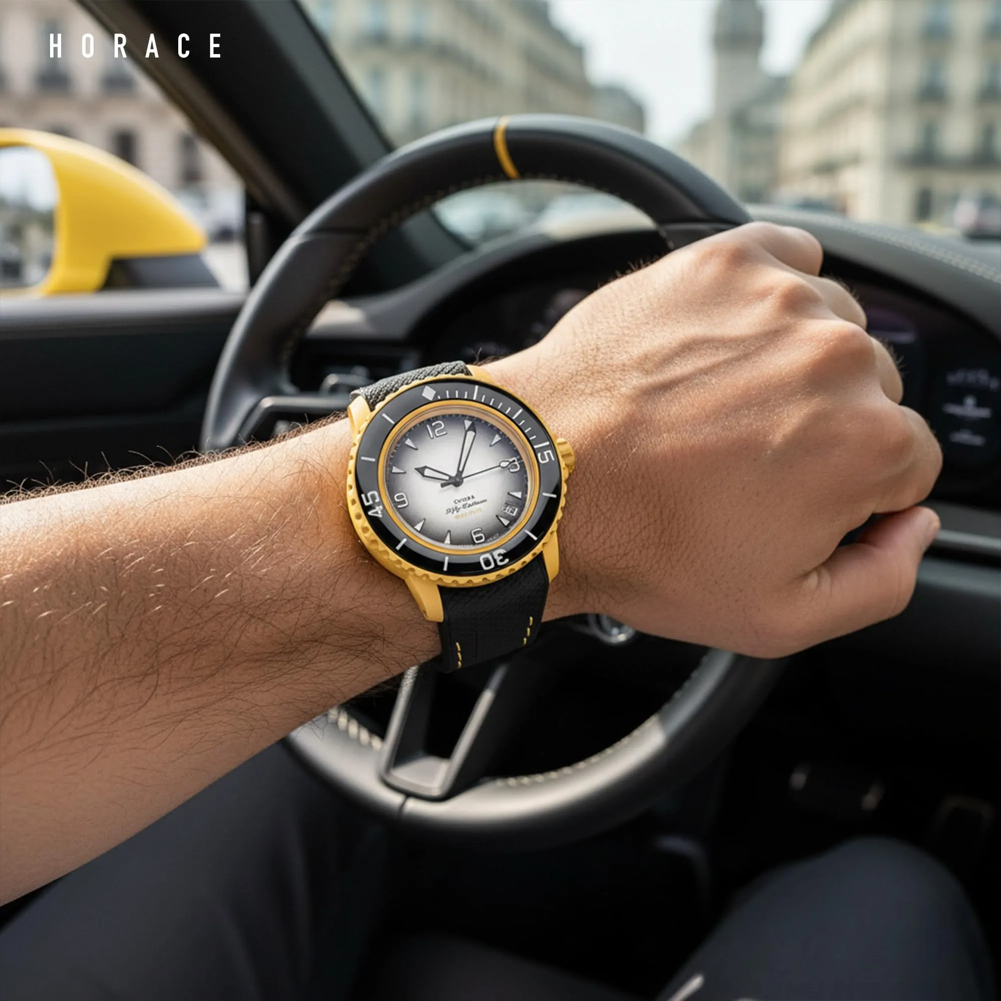 HORACE Cinturino in Silicone Liquido 22 mm per Blancpain x Swatch Scuba Fifty Fathoms (Nero - Cucitura Gialla) - immagine 4