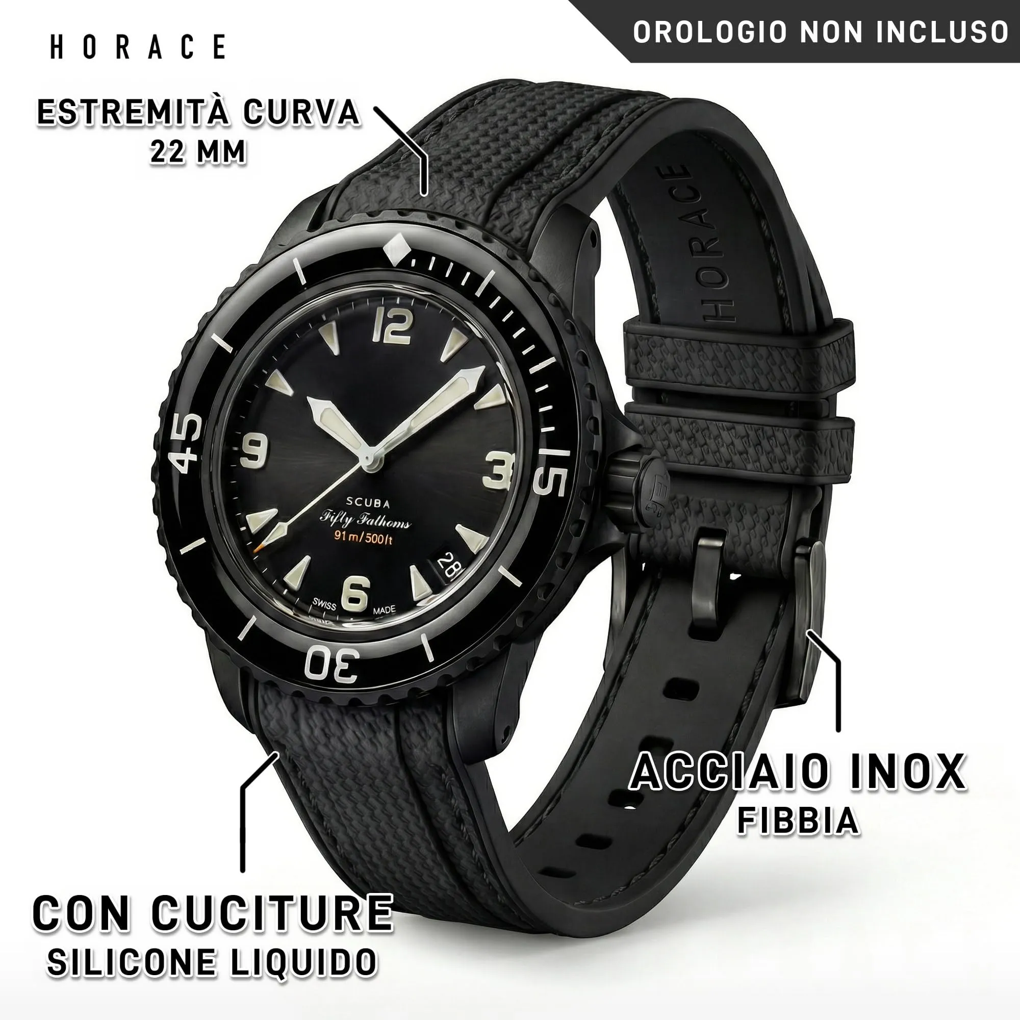HORACE Cinturino in Silicone Liquido 22 mm per Blancpain x Swatch Scuba Fifty Fathoms, Nero - Cucitura Nera - immagine 2