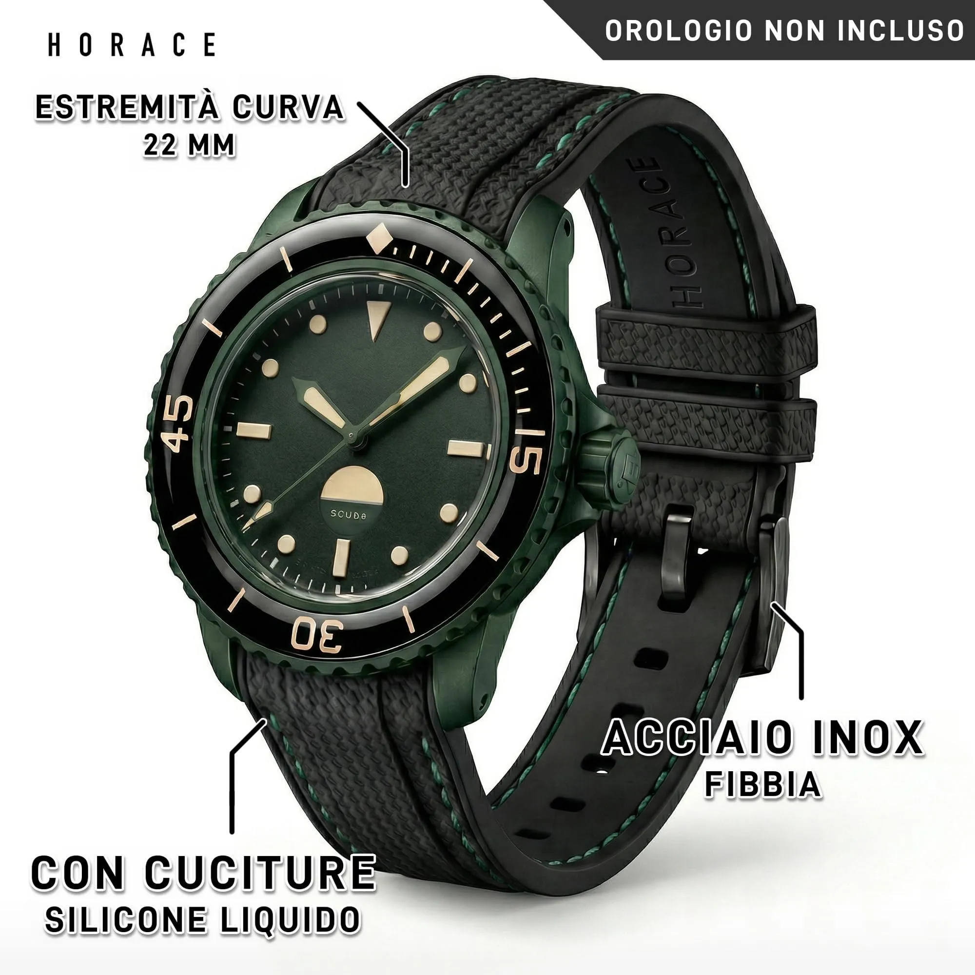HORACE Cinturino per orologio 22 mm in Silicone Liquido per Blancpain x Swatch Scuba Fifty Fathoms (Nero - Cucitura Green Abyss) - immagine 2