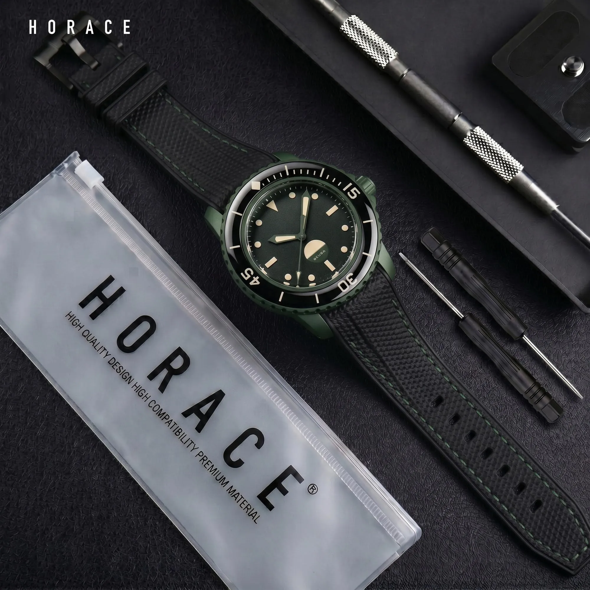 HORACE Cinturino per orologio 22 mm in Silicone Liquido per Blancpain x Swatch Scuba Fifty Fathoms (Nero - Cucitura Green Abyss) - immagine 3