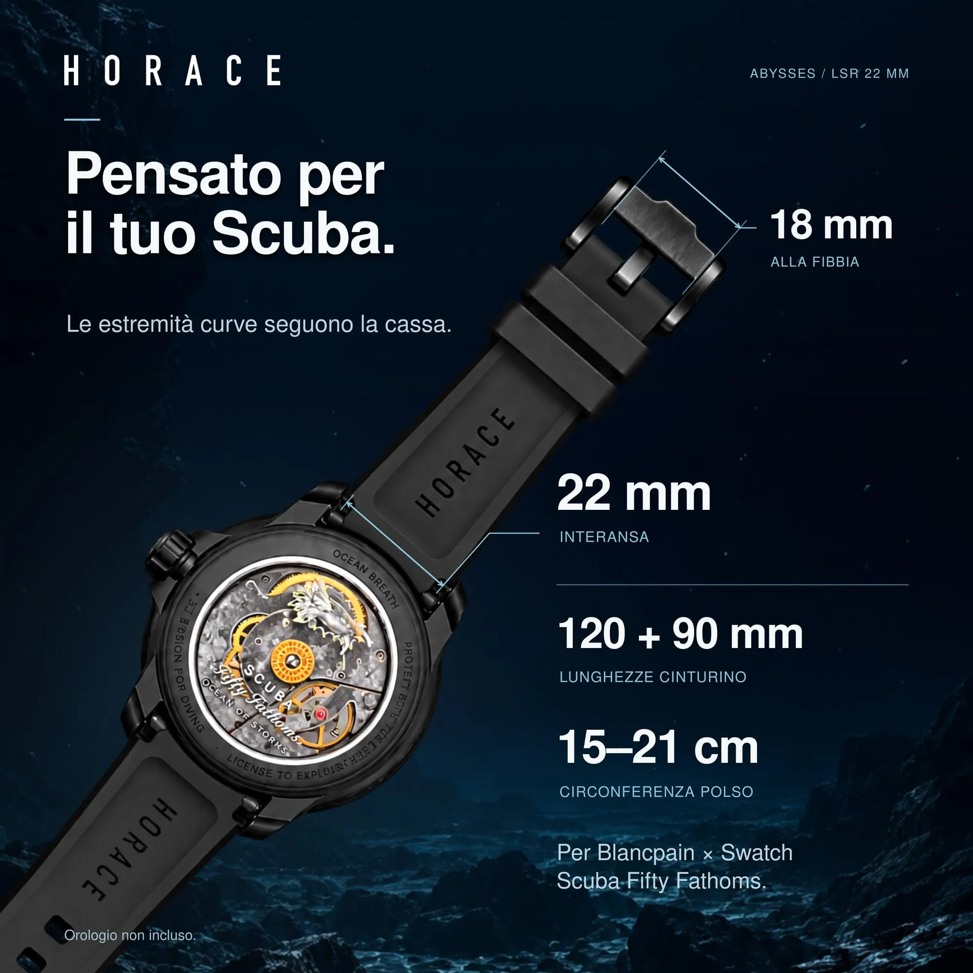 HORACE Cinturino per orologio 22 mm in Silicone Liquido per Blancpain x Swatch Scuba Fifty Fathoms (Nero - Cucitura Green Abyss) - immagine 9