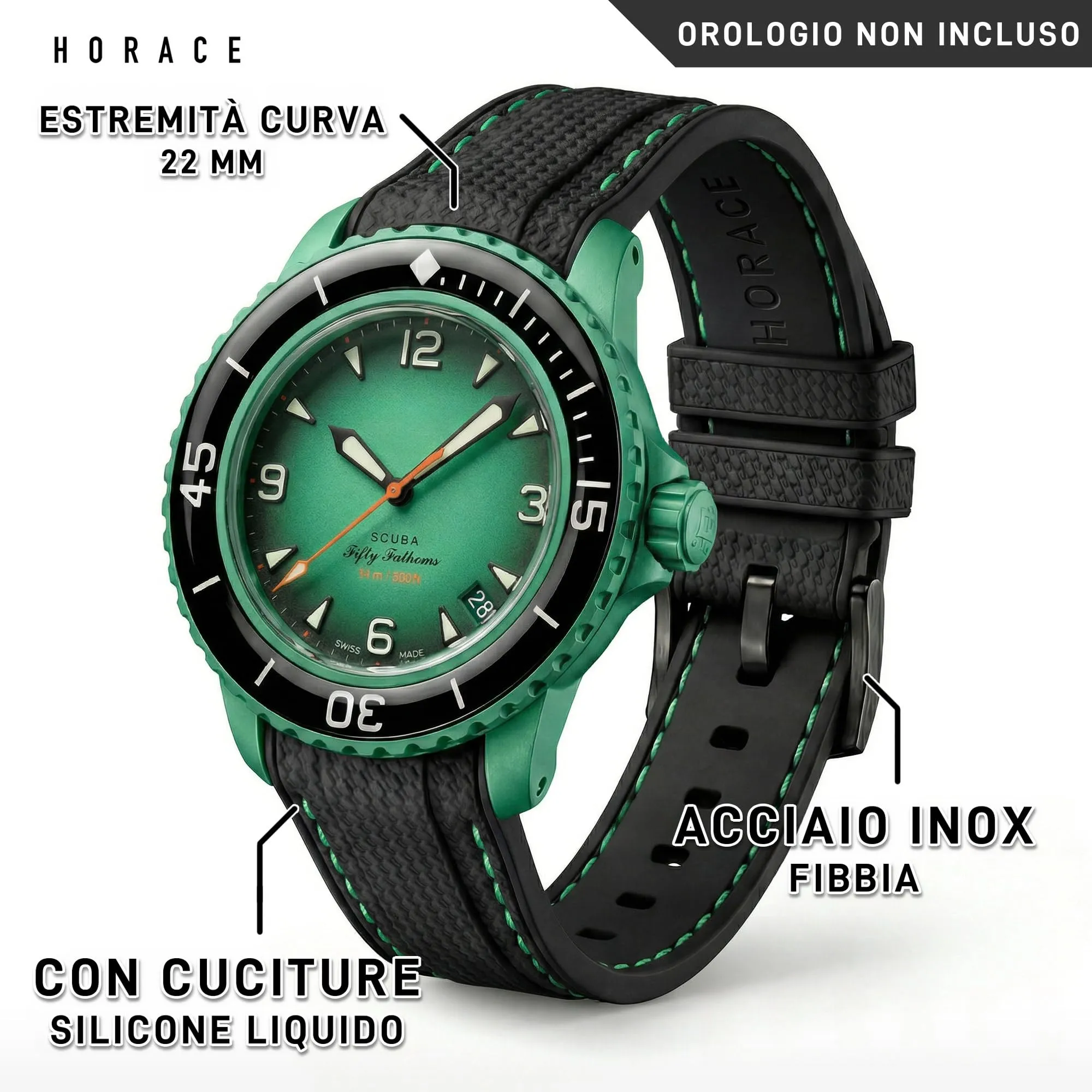 HORACE Cinturino in Silicone Liquido 22 mm per Blancpain x Swatch Scuba Fifty Fathoms - Nero con Cucitura Verde - immagine 2