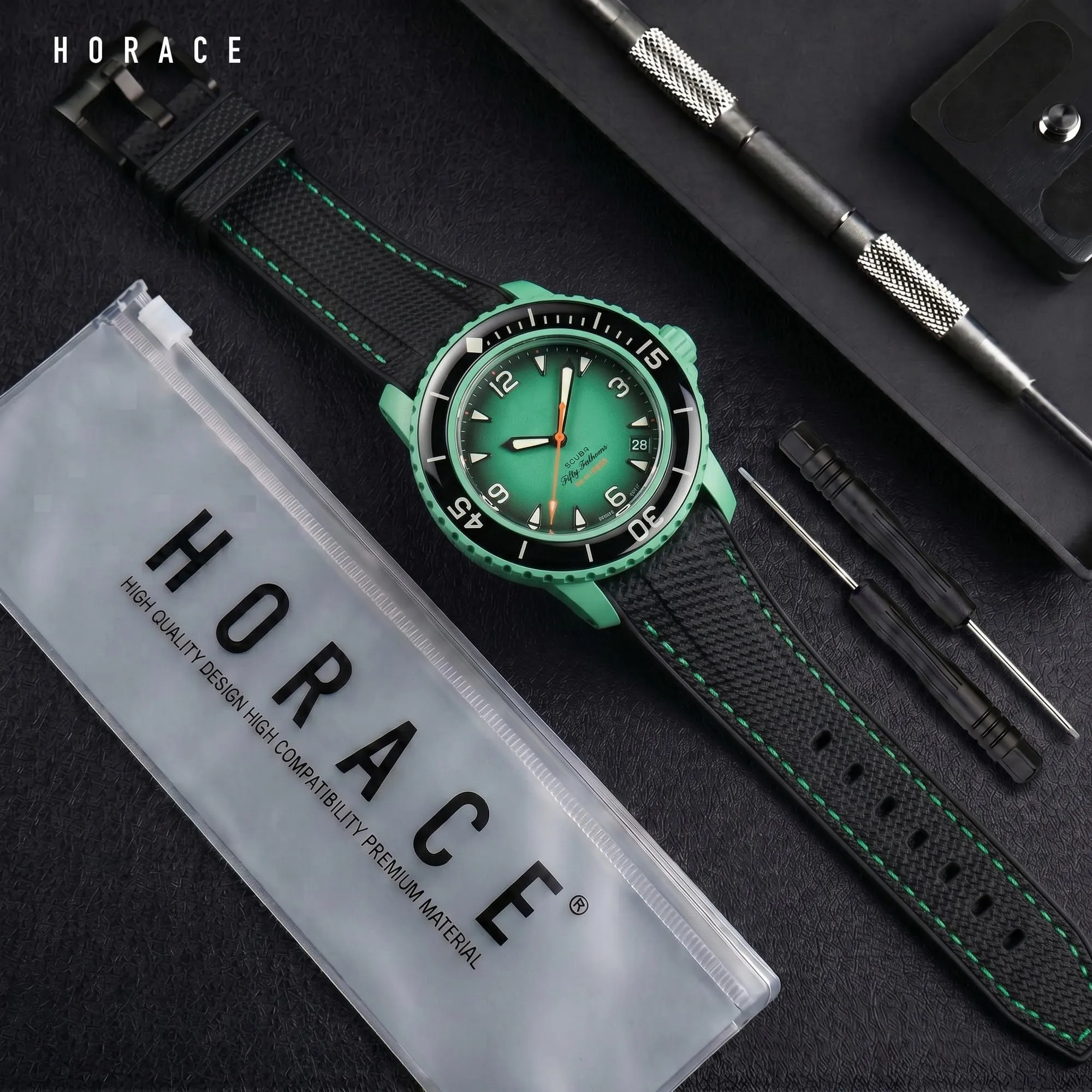 HORACE Cinturino in Silicone Liquido 22 mm per Blancpain x Swatch Scuba Fifty Fathoms - Nero con Cucitura Verde - immagine 3