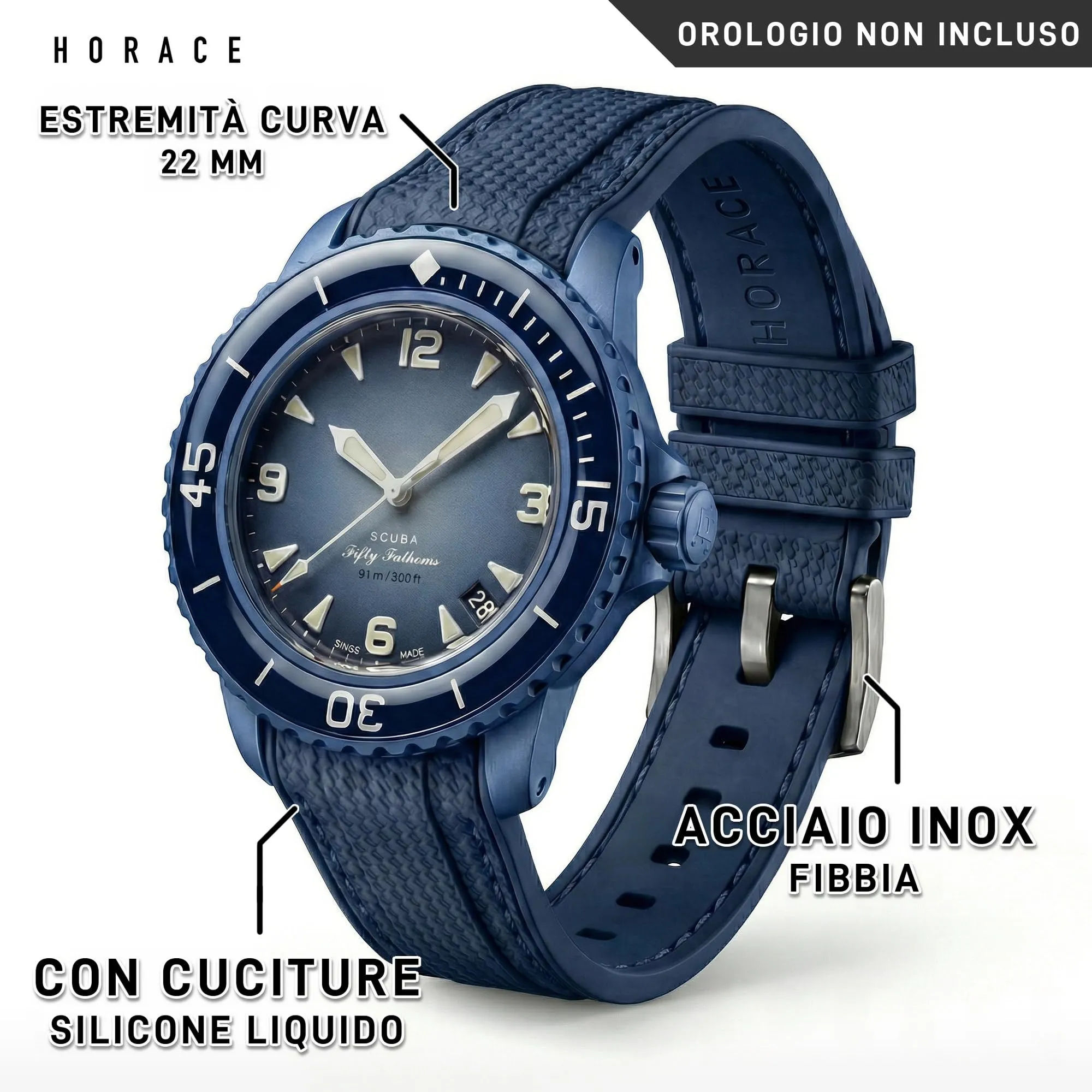 HORACE Cinturino in Silicone Liquido 22 mm per Blancpain x Swatch Scuba Fifty Fathoms (Blu - Cucitura blu) - immagine 2