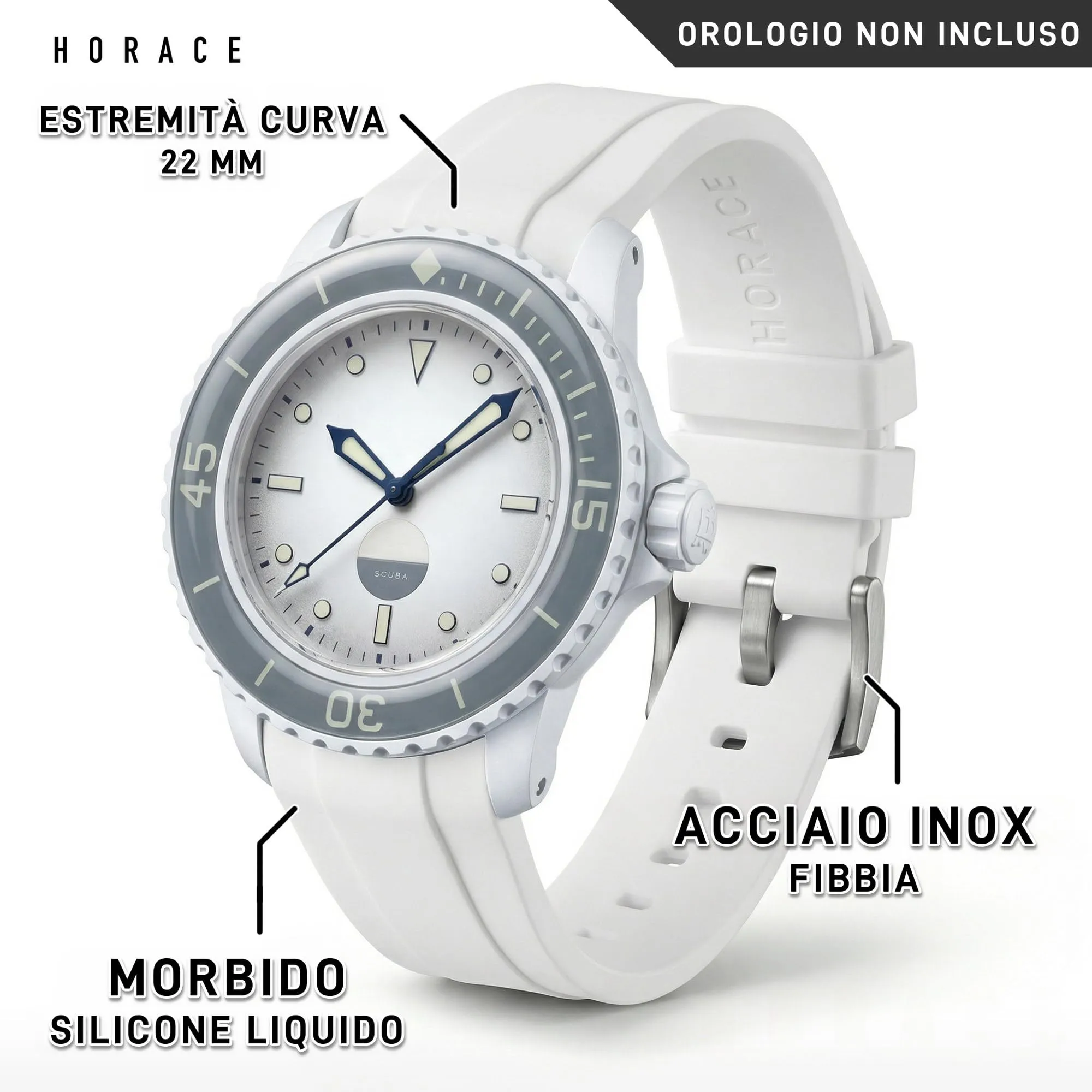 HORACE Cinturino in Silicone Liquido 22 mm per Blancpain x Swatch Scuba Fifty Fathoms (Bianco - Argento) - immagine 2
