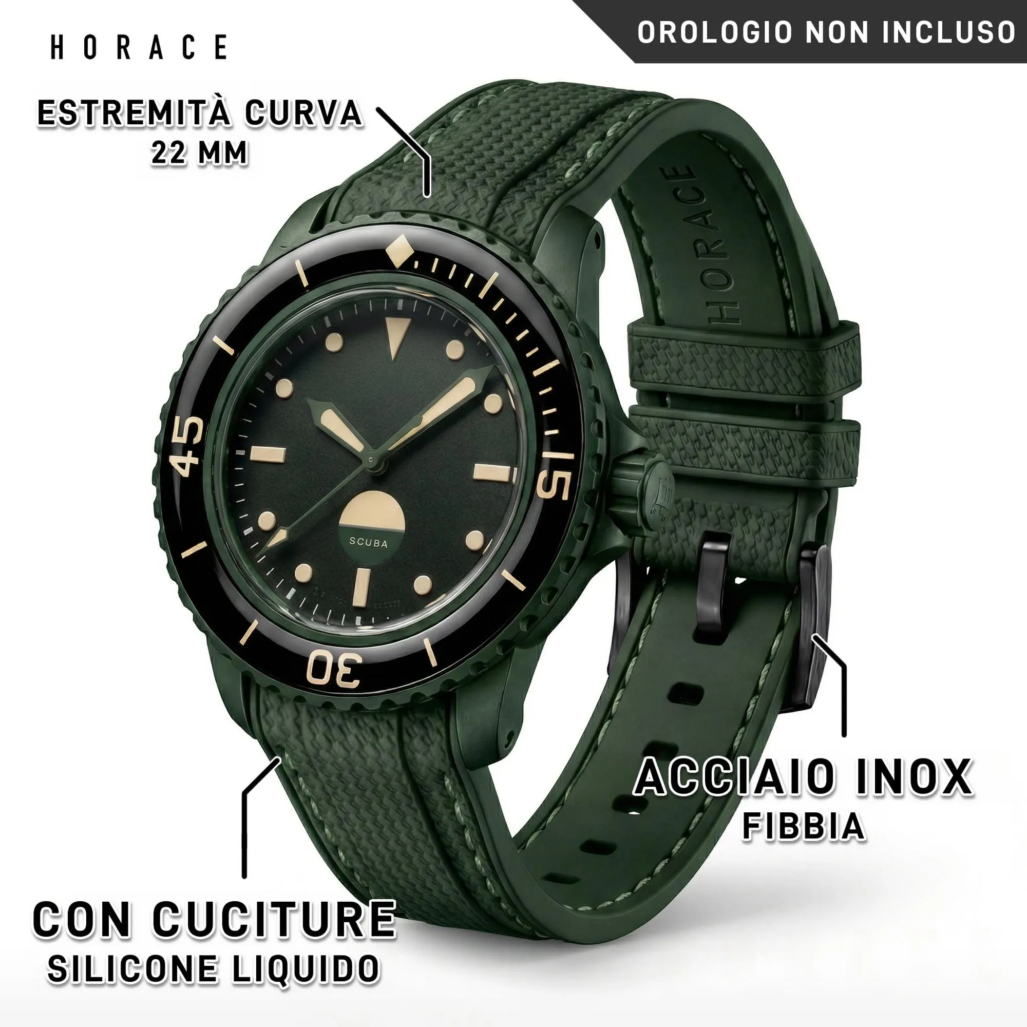 HORACE Cinturino in Silicone Liquido 22 mm per Blancpain x Swatch Scuba Fifty Fathoms - Abyss Green / Nero - immagine 2