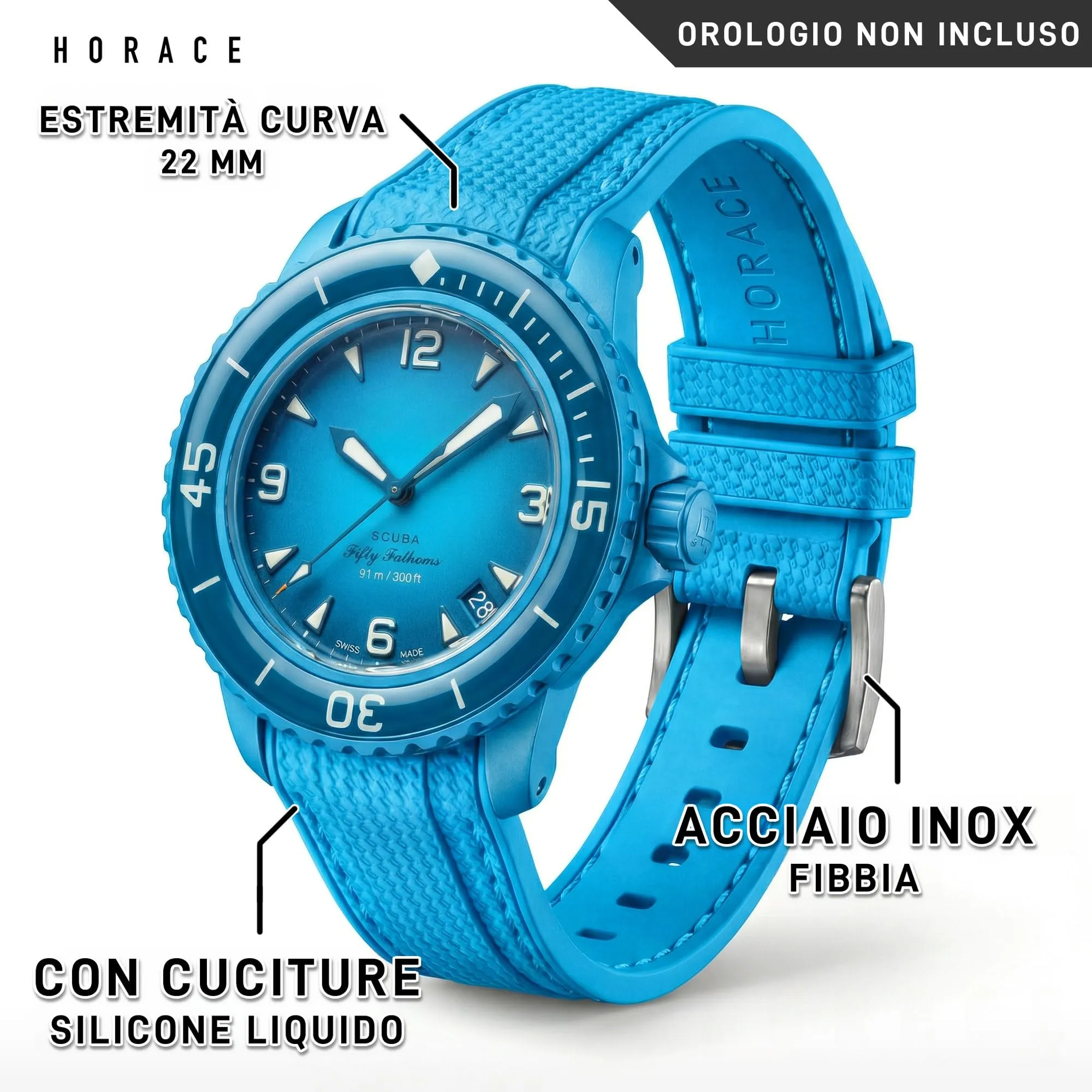 HORACE Cinturino in Silicone Liquido 22 mm per Blancpain x Swatch Scuba Fifty Fathoms (Lagoon Blue - Argento) - immagine 2