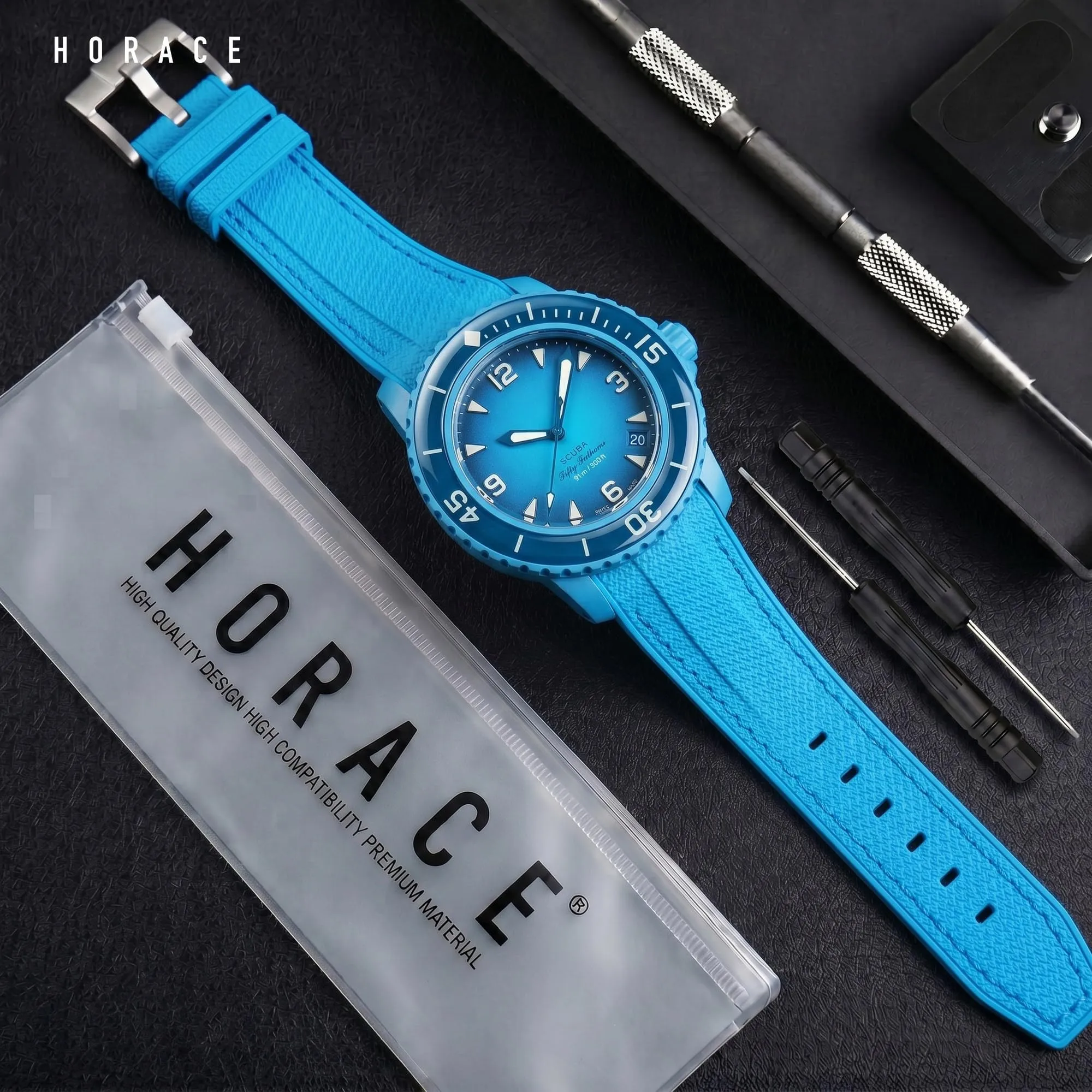 HORACE Cinturino in Silicone Liquido 22 mm per Blancpain x Swatch Scuba Fifty Fathoms (Lagoon Blue - Argento) - immagine 3