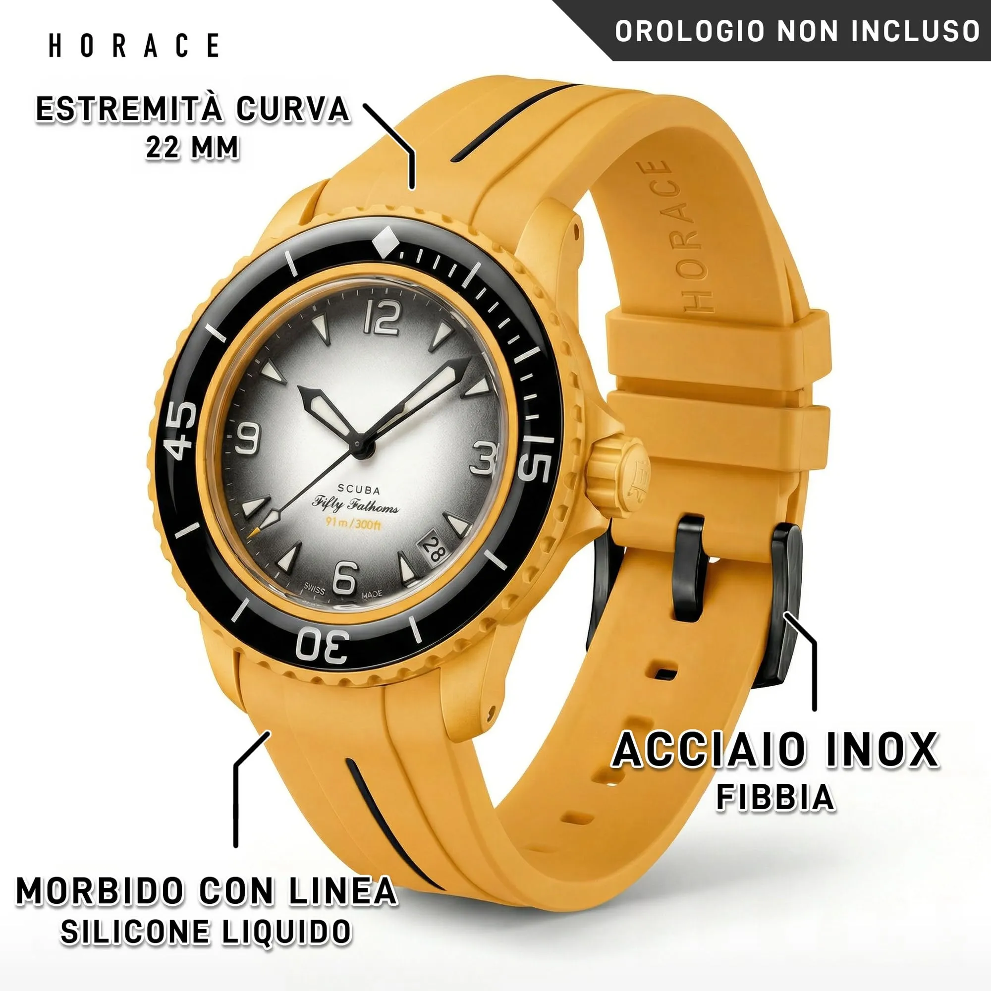HORACE Cinturino in Silicone Liquido 22 mm per Blancpain x Swatch Scuba Fifty Fathoms (Giallo - Linea nera - Nero) - immagine 2