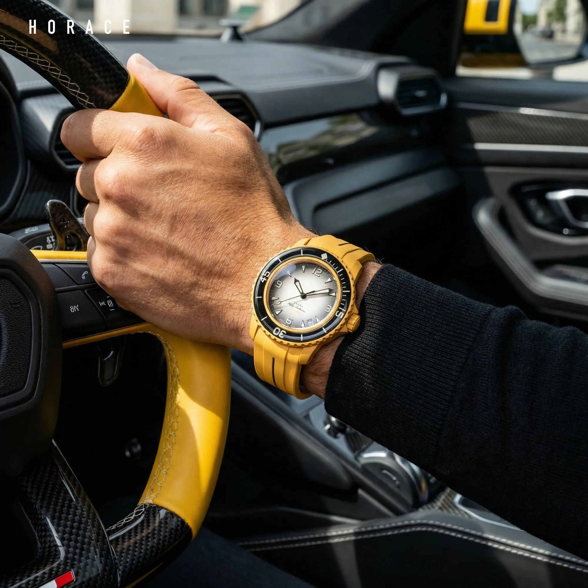 HORACE Cinturino in Silicone Liquido 22 mm per Blancpain x Swatch Scuba Fifty Fathoms (Giallo - Linea nera - Nero) - immagine 4