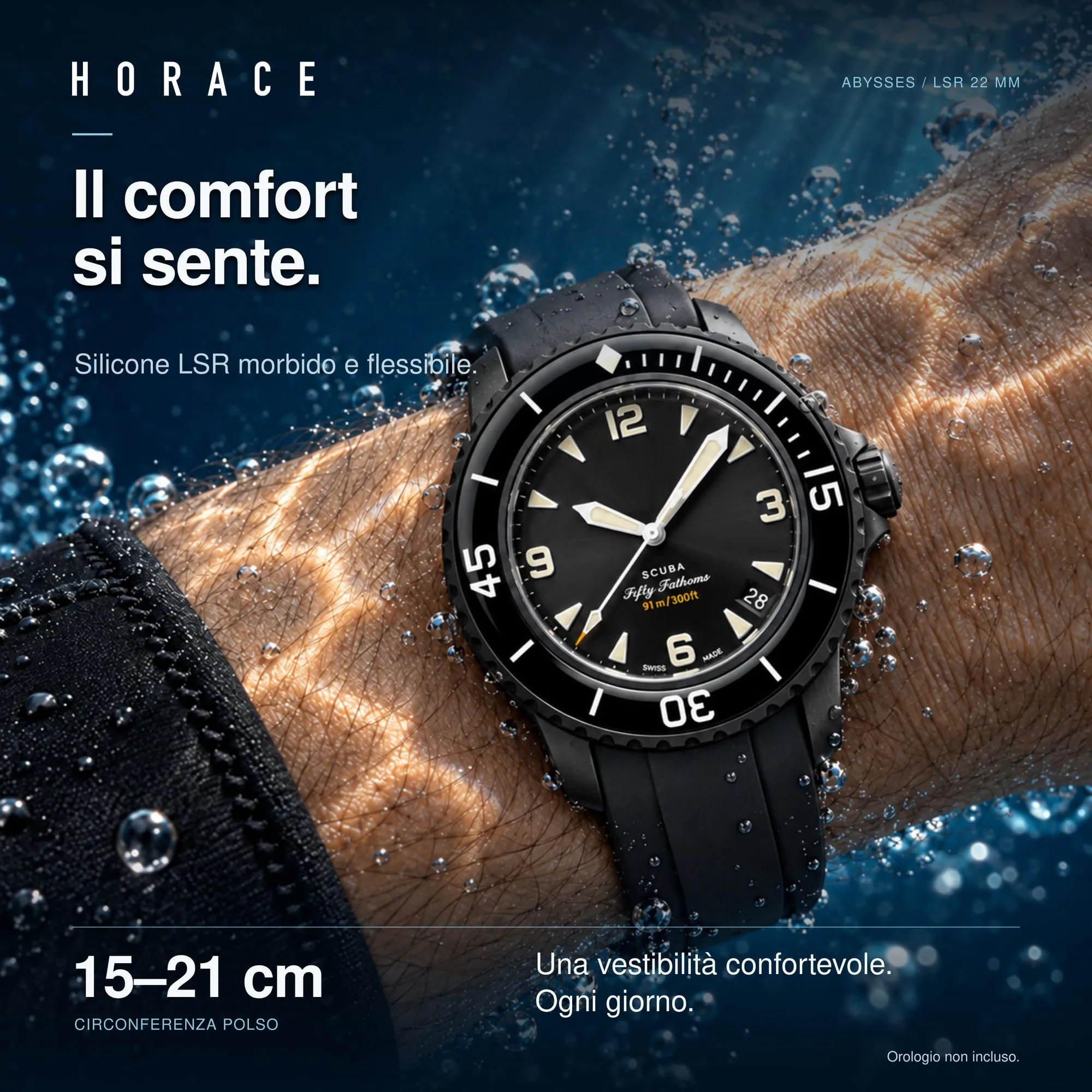 HORACE Cinturino in Silicone Liquido 22 mm per Blancpain x Swatch Scuba Fifty Fathoms (Giallo - Linea nera - Nero) - immagine 6
