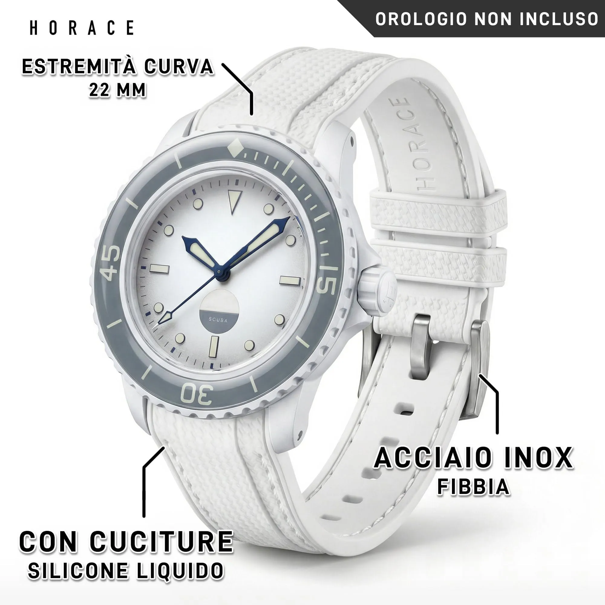 HORACE Cinturino in Silicone Liquido 22 mm per Blancpain x Swatch Scuba Fifty Fathoms (Bianco - Cuciture bianche - Argento) - immagine 2