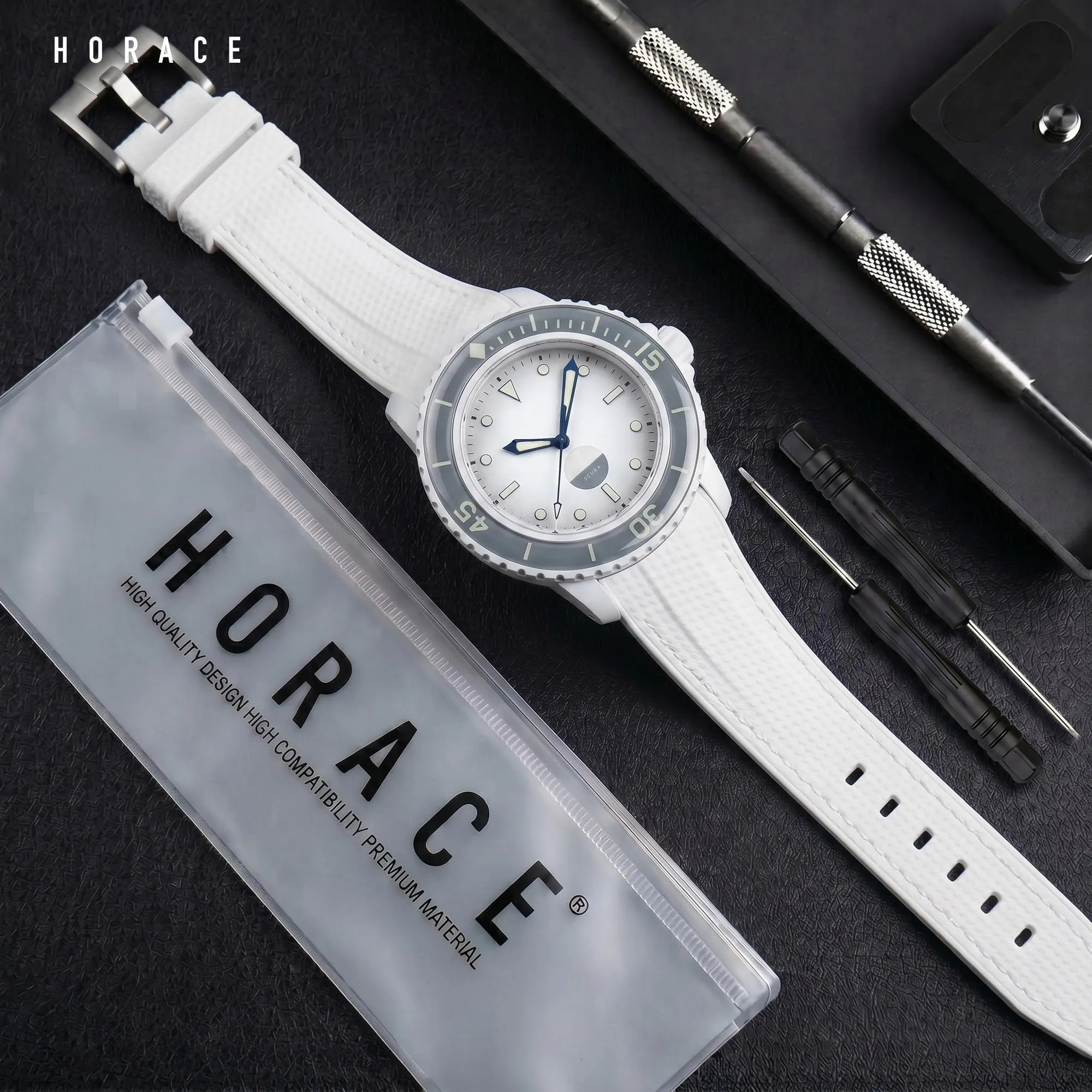 HORACE Cinturino in Silicone Liquido 22 mm per Blancpain x Swatch Scuba Fifty Fathoms (Bianco - Cuciture bianche - Argento) - immagine 3