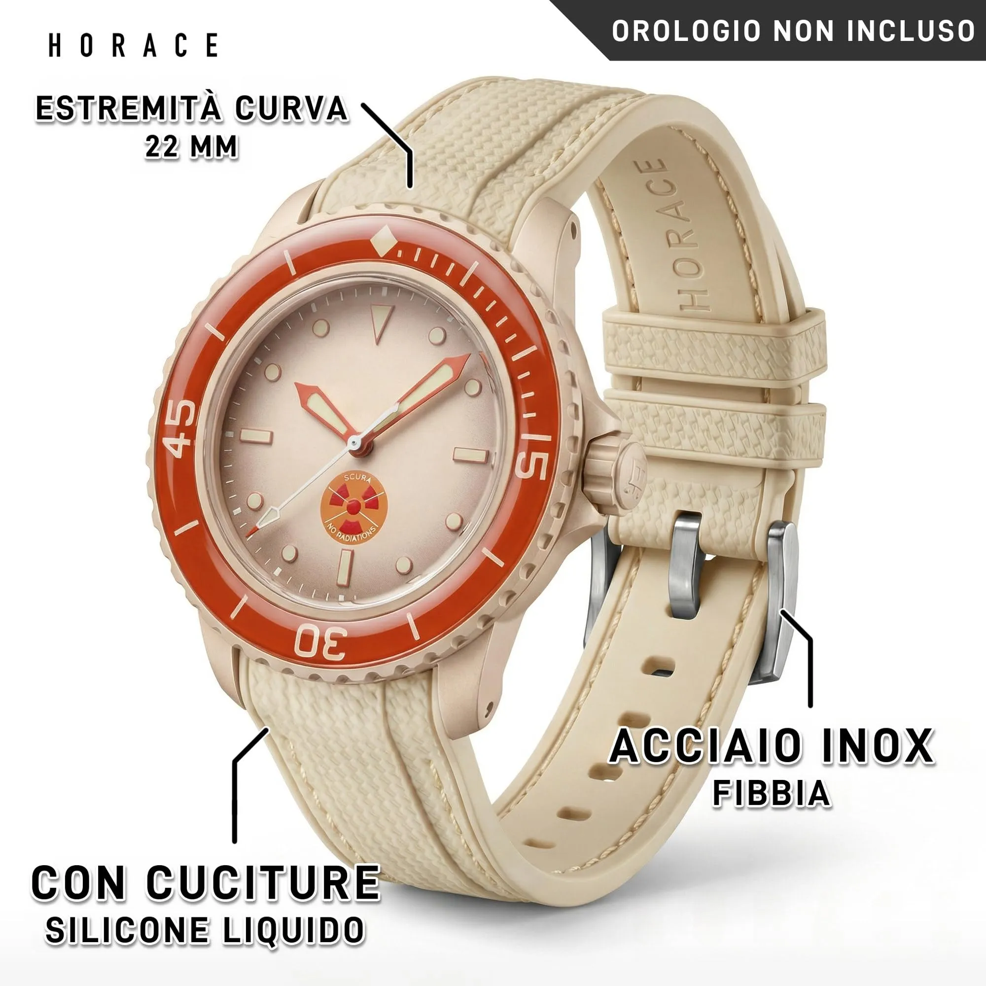 HORACE Cinturino in Silicone Liquido 22 mm per Blancpain x Swatch Scuba Fifty Fathoms (Beige - Cucitura beige - Argento) - immagine 2