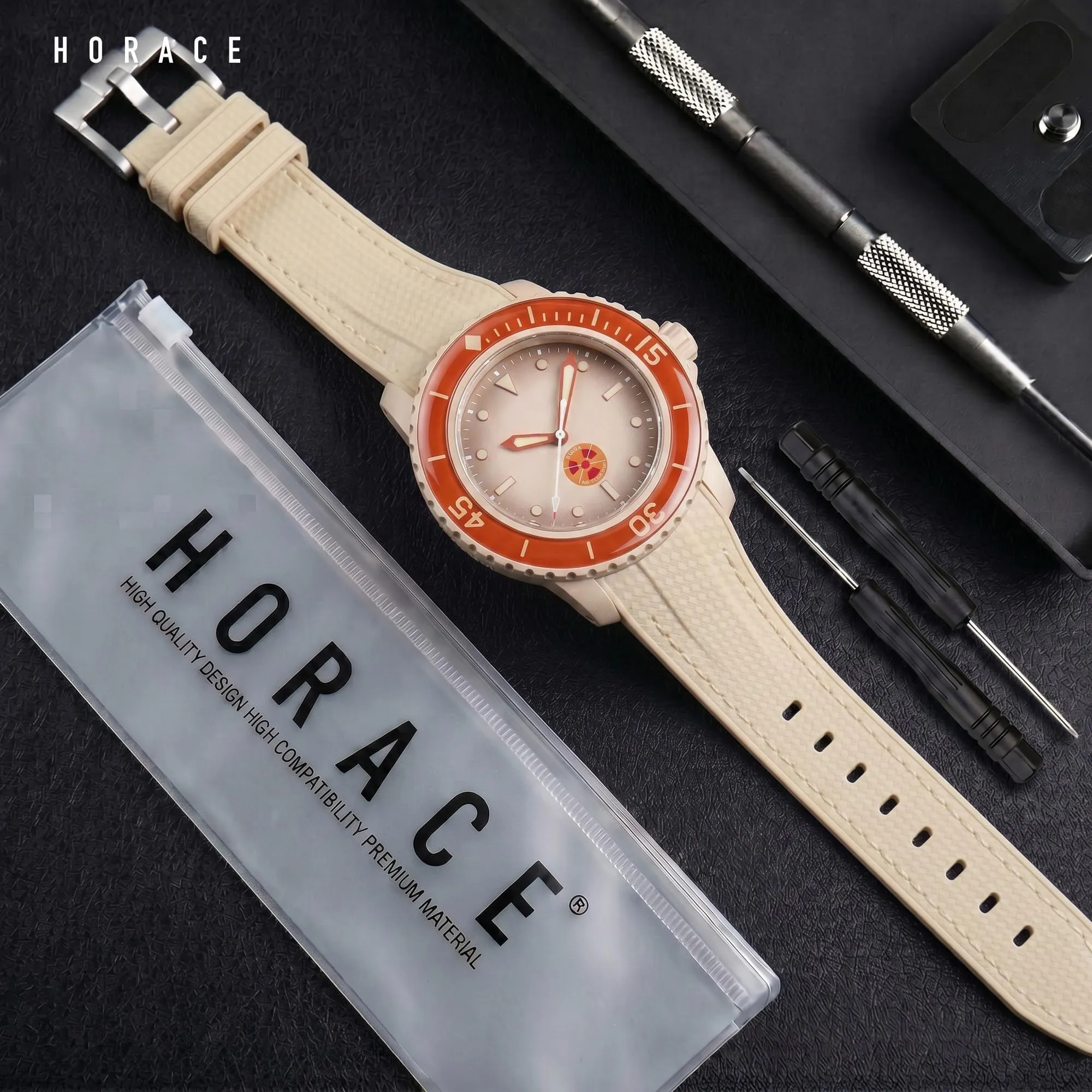 HORACE Cinturino in Silicone Liquido 22 mm per Blancpain x Swatch Scuba Fifty Fathoms (Beige - Cucitura beige - Argento) - immagine 3