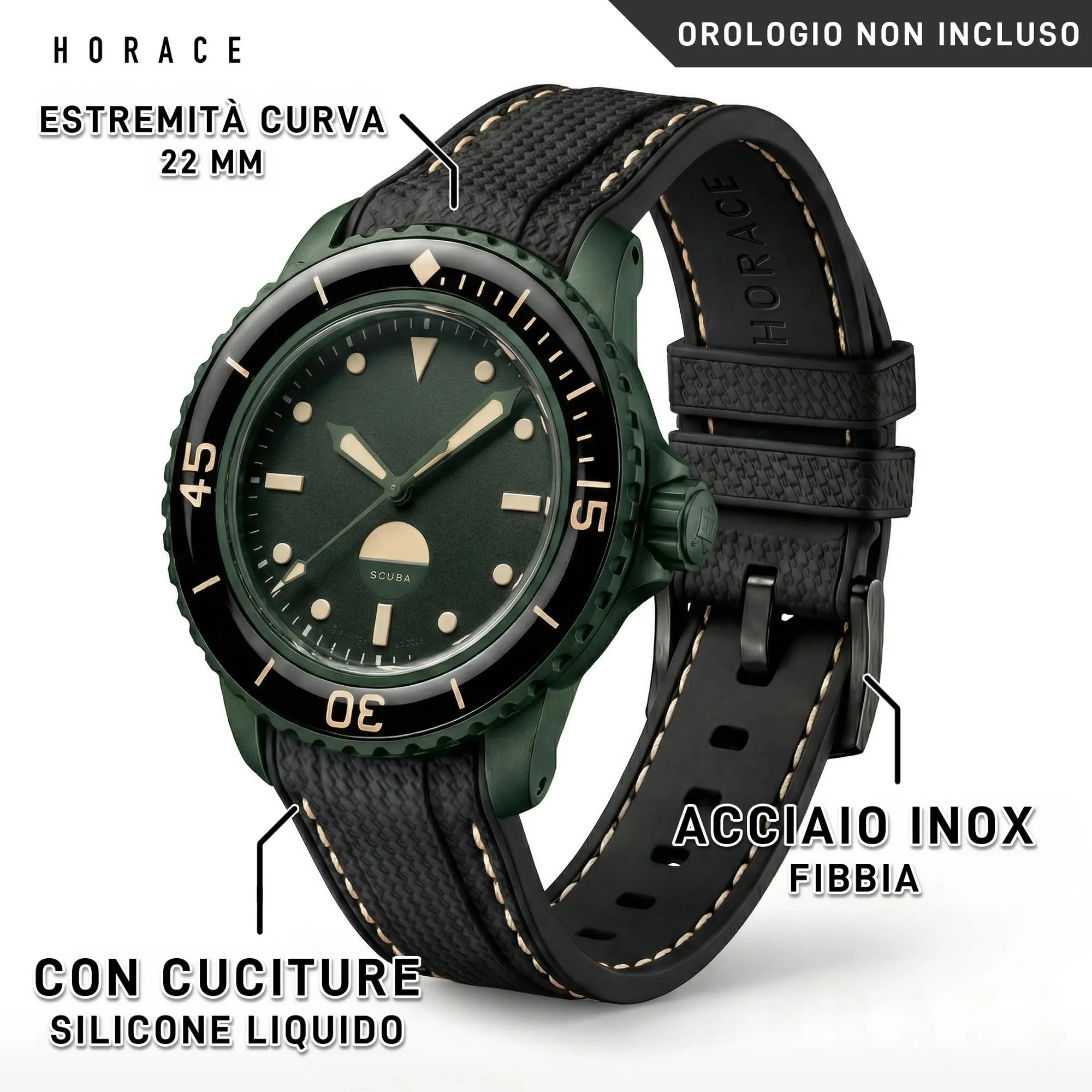 HORACE Cinturino in Silicone Liquido 22 mm per Blancpain x Swatch Scuba Fifty Fathoms (Nero - Cucitura Beige Abyss) - immagine 2