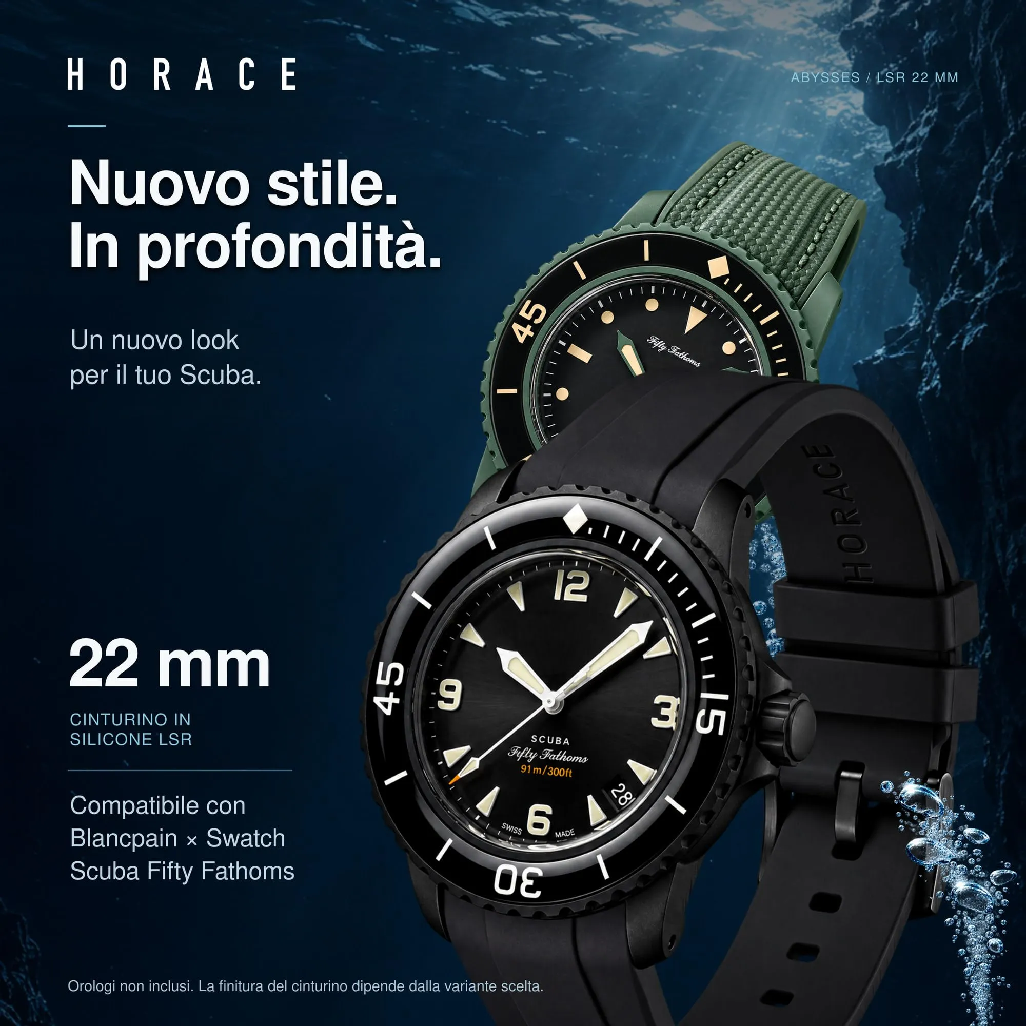 HORACE Cinturino in Silicone Liquido 22 mm per Blancpain x Swatch Scuba Fifty Fathoms (Nero - Cucitura Beige Abyss) - immagine 5