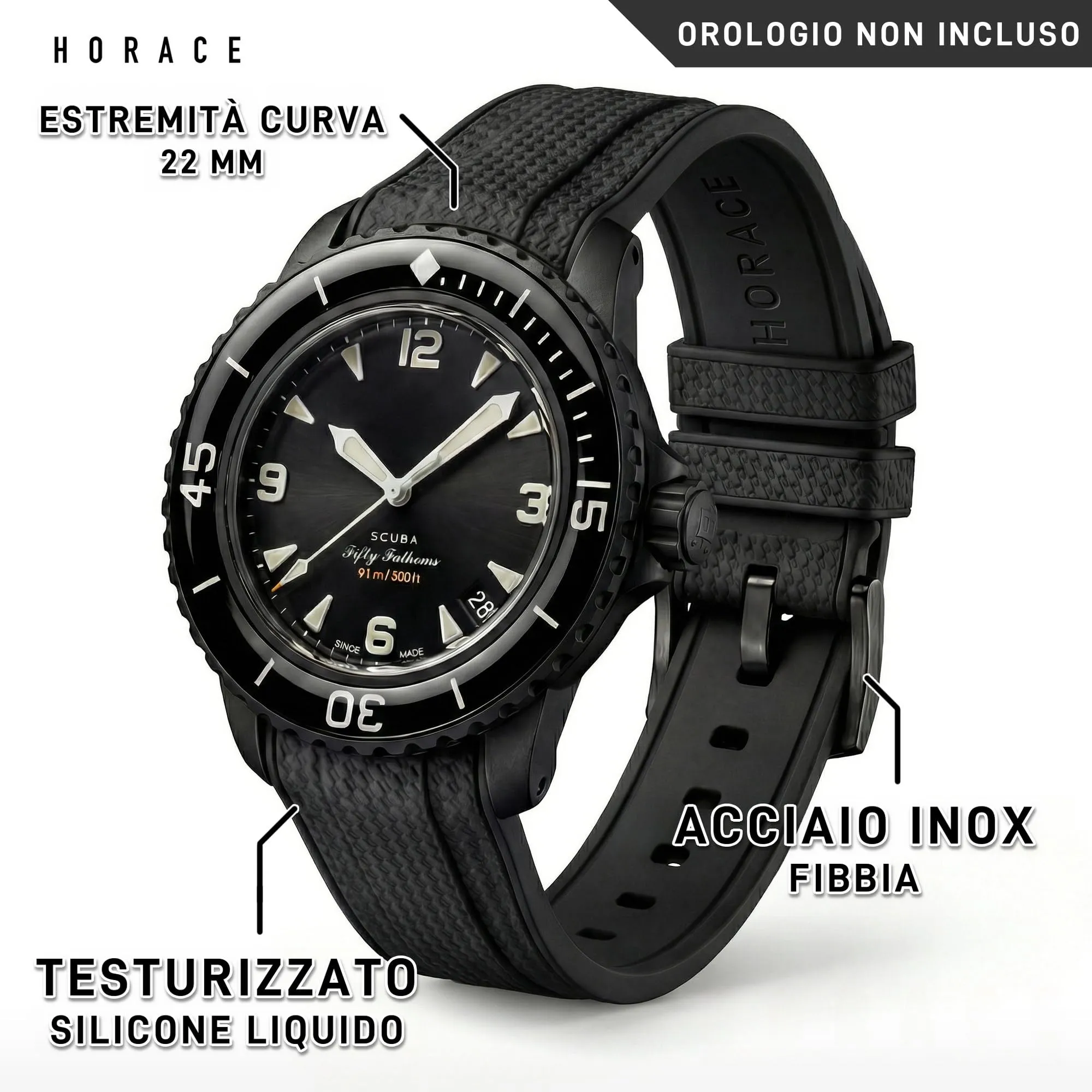 HORACE Cinturino in Silicone Liquido 22 mm per Blancpain x Swatch Scuba Fifty Fathoms - Nero testurato - immagine 2