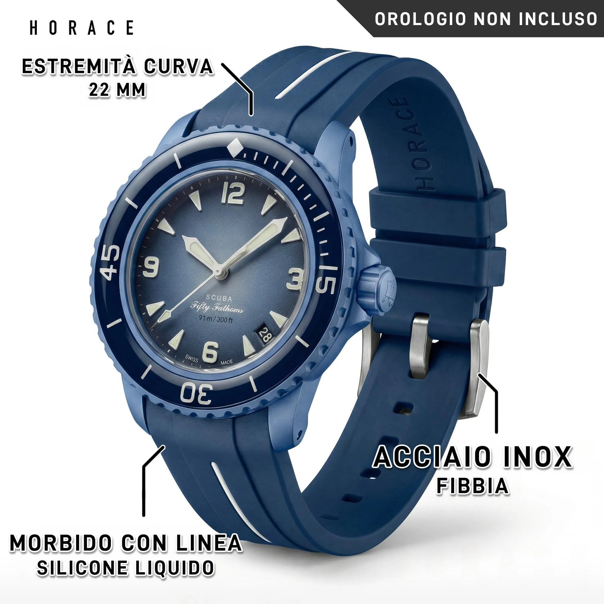 HORACE Cinturino in Silicone Liquido 22 mm per Blancpain x Swatch Scuba Fifty Fathoms (Blu - Linea bianca - Argento) - immagine 2