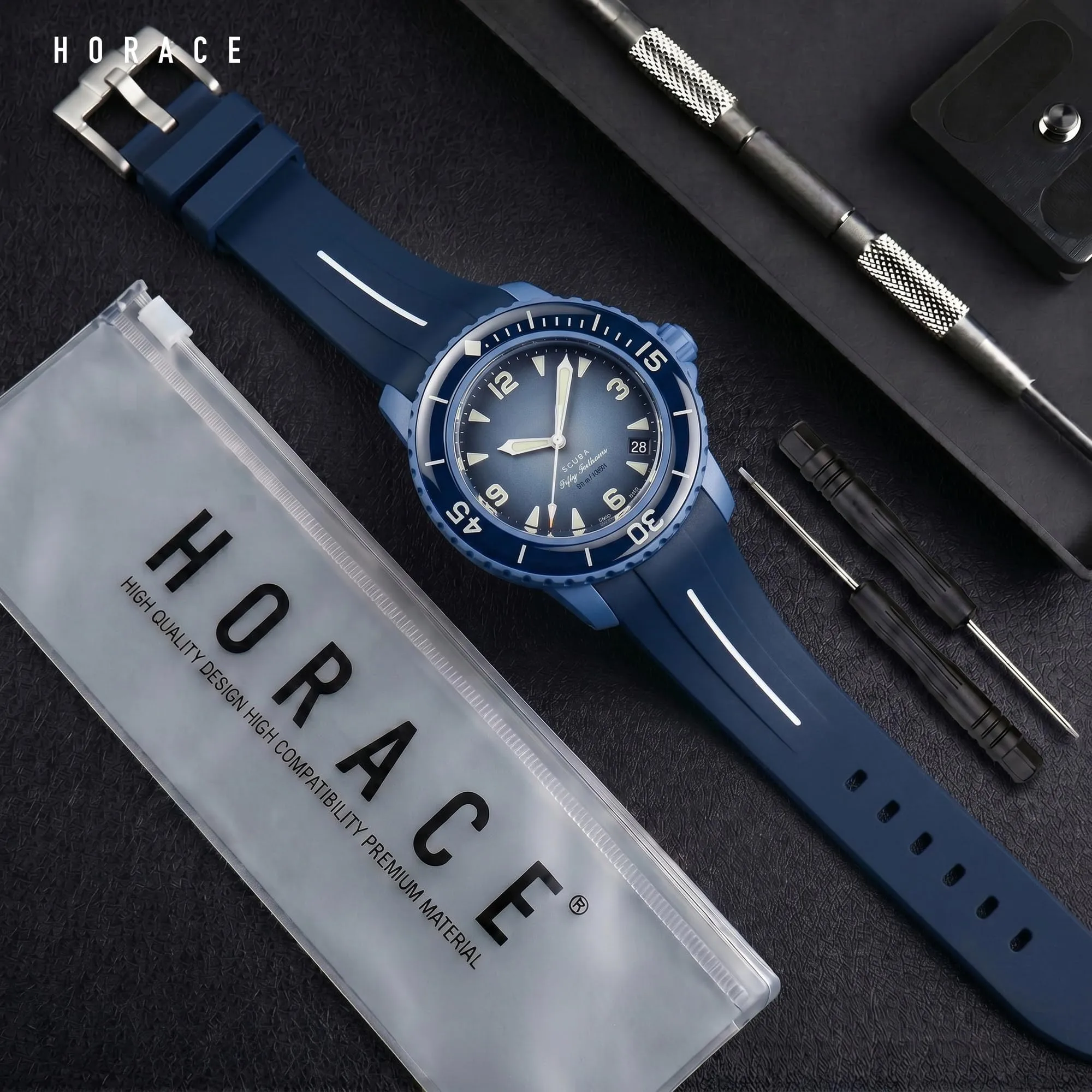 HORACE Cinturino in Silicone Liquido 22 mm per Blancpain x Swatch Scuba Fifty Fathoms (Blu - Linea bianca - Argento) - immagine 3