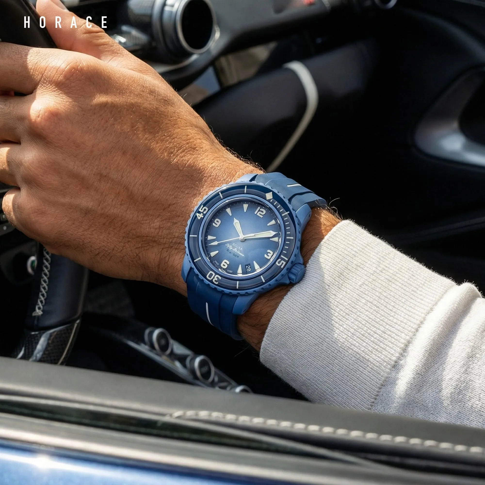 HORACE Cinturino in Silicone Liquido 22 mm per Blancpain x Swatch Scuba Fifty Fathoms (Blu - Linea bianca - Argento) - immagine 4