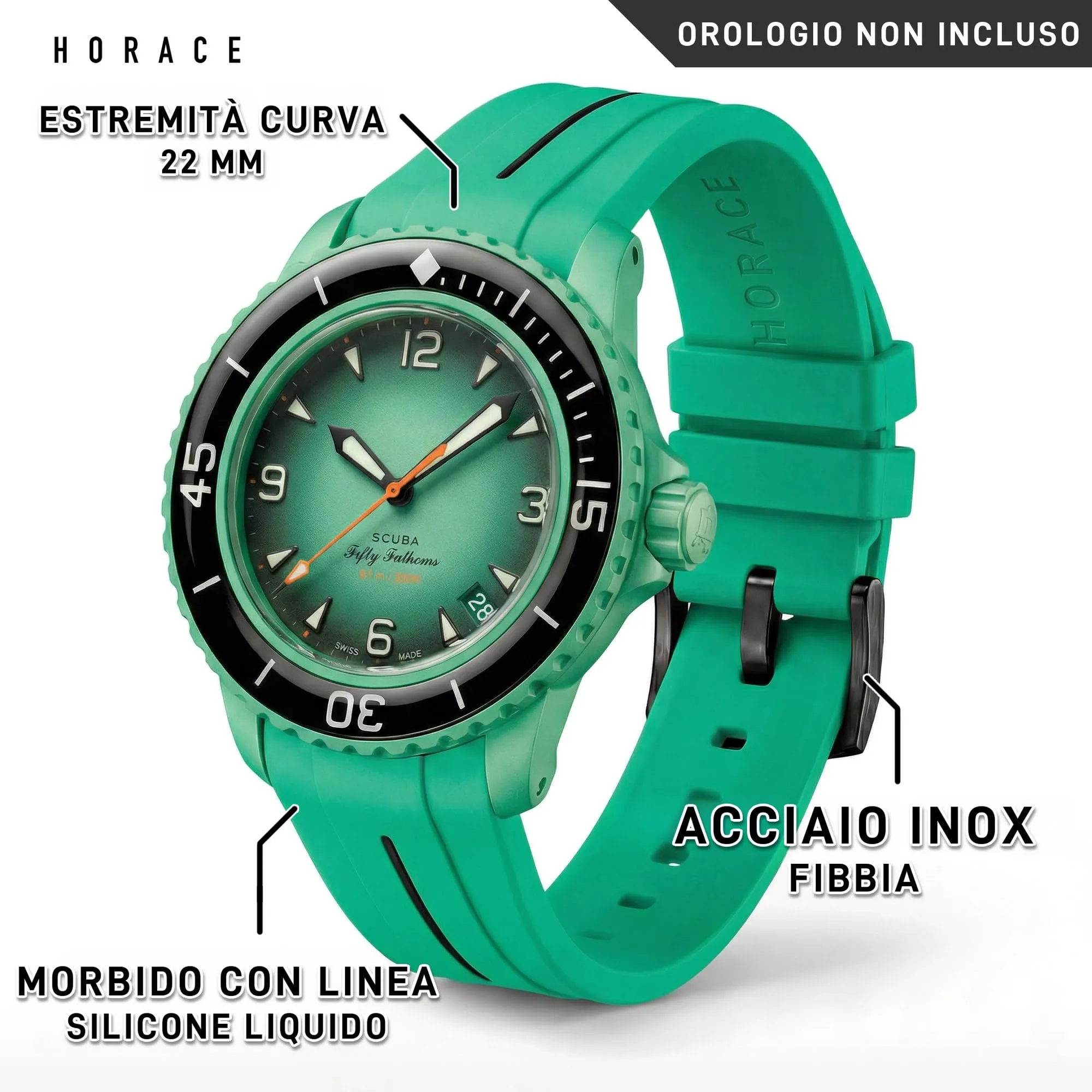 HORACE Cinturino in Silicone Liquido 22 mm per Blancpain x Swatch Scuba Fifty Fathoms (Verde - Linea nera - Nero) - immagine 2
