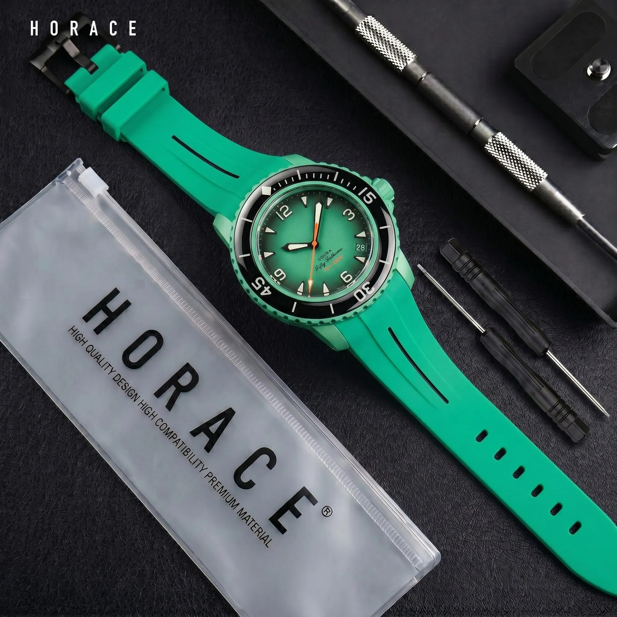 HORACE Cinturino in Silicone Liquido 22 mm per Blancpain x Swatch Scuba Fifty Fathoms (Verde - Linea nera - Nero) - immagine 3