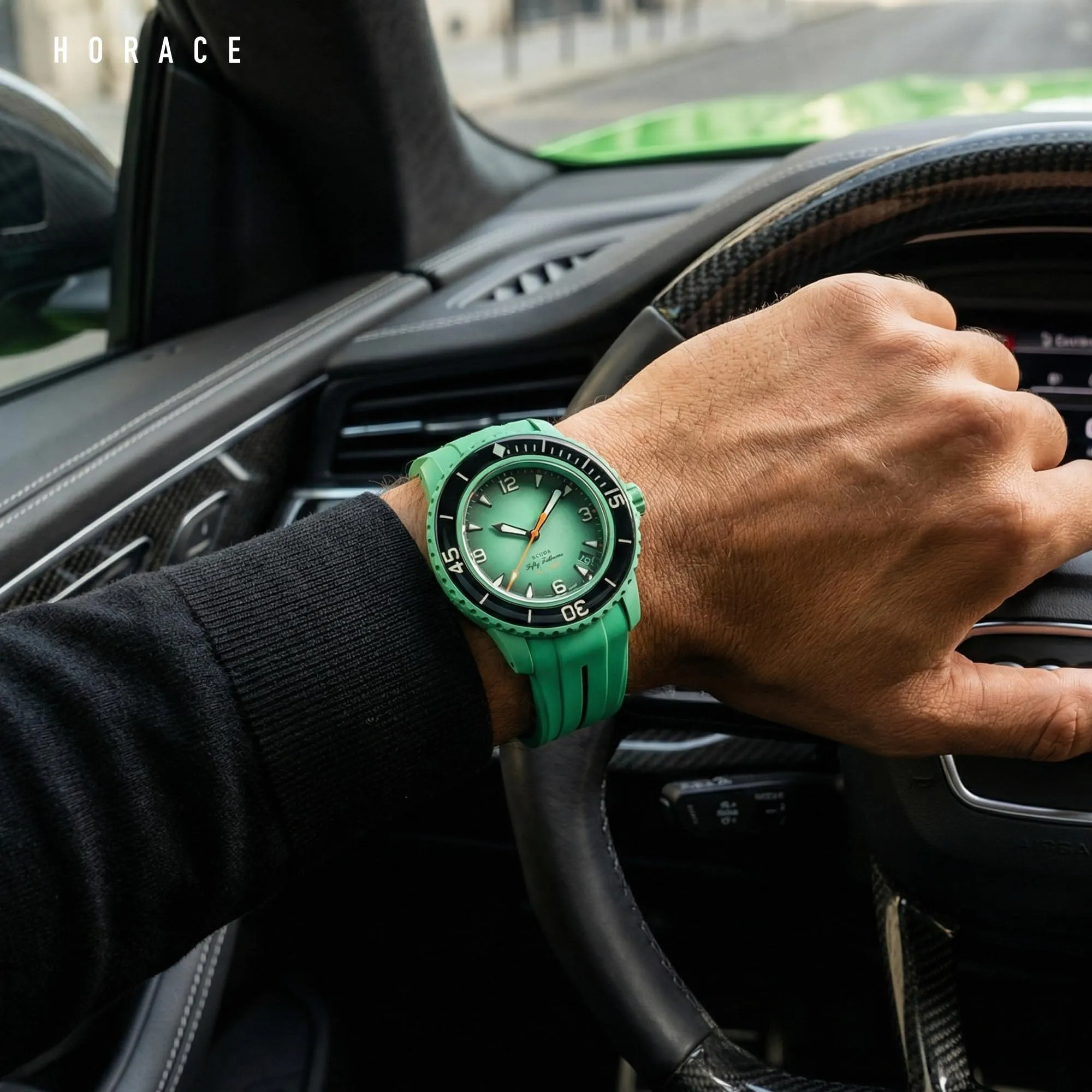 HORACE Cinturino in Silicone Liquido 22 mm per Blancpain x Swatch Scuba Fifty Fathoms (Verde - Linea nera - Nero) - immagine 4