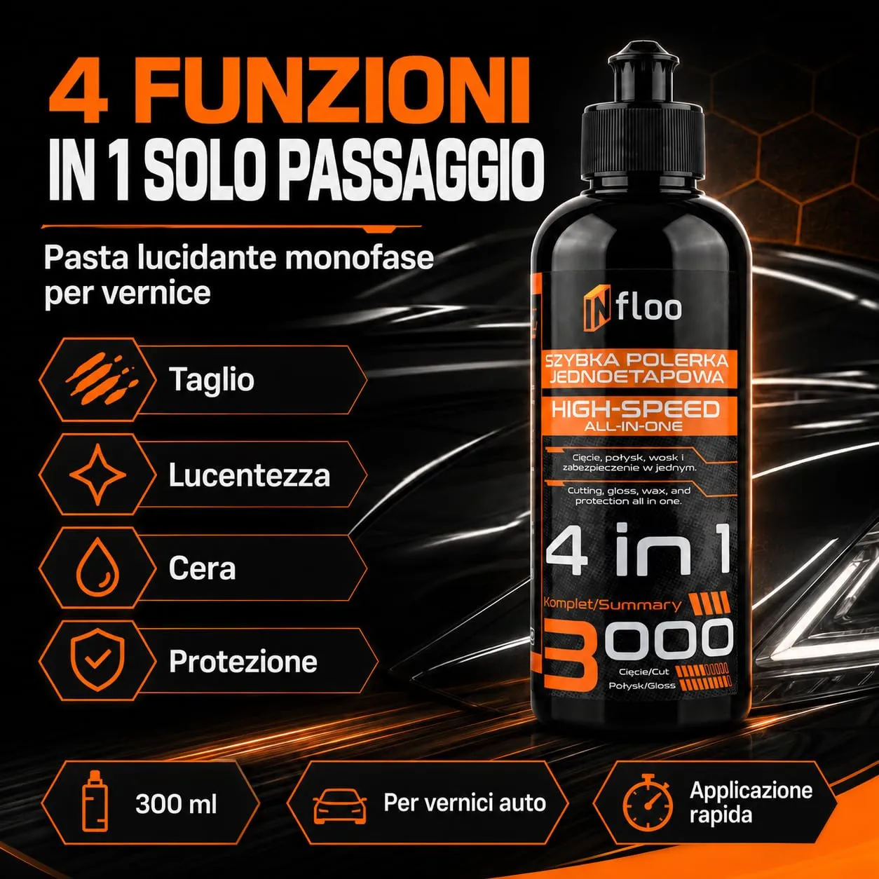 INfloo Kit Lucidatura Auto, Pasta Abrasiva Polish Rapido 4 in 1 3000 (3x300 ml) con Panno in Microfibra e Guanti - immagine 3