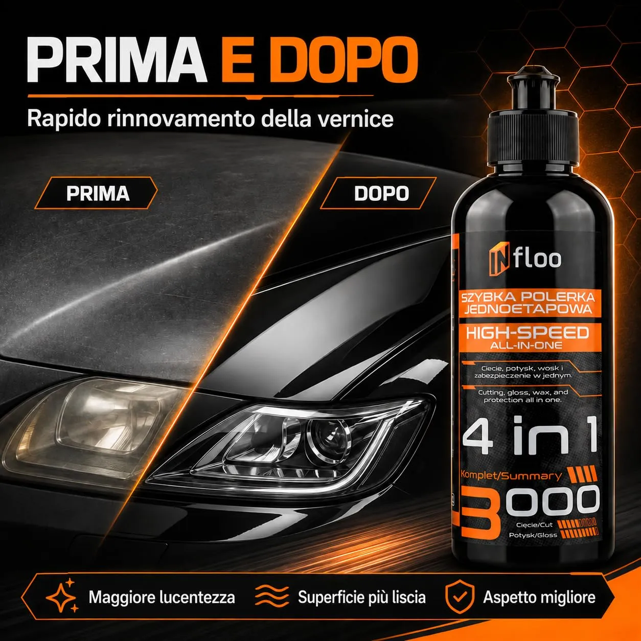 INfloo Kit Lucidatura Auto, Pasta Abrasiva Polish Rapido 4 in 1 3000 (3x300 ml) con Panno in Microfibra e Guanti - immagine 4