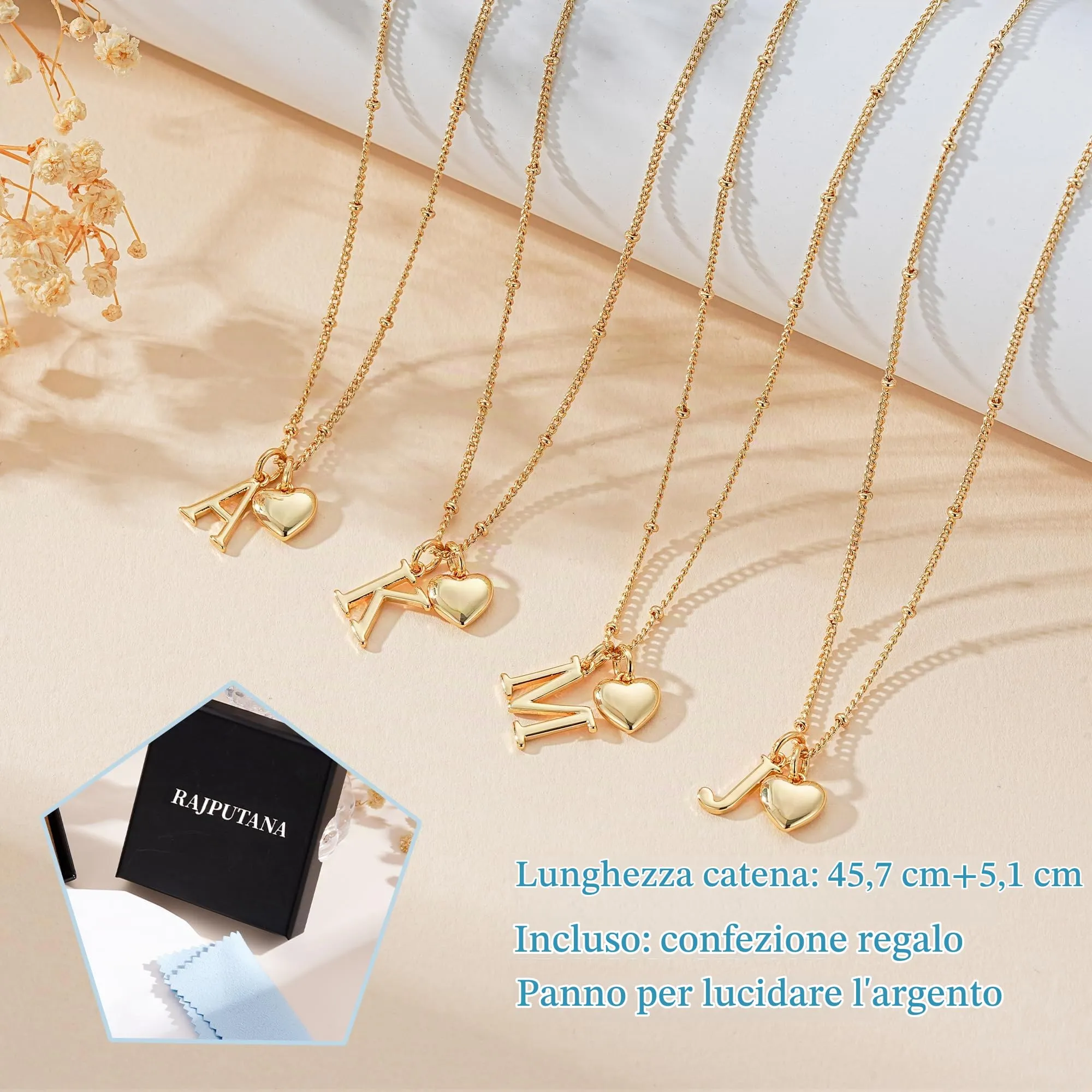 Rajputana Collana con Iniziale e Cuore in Argento 925 Placcato Oro Personalizzabile per Donna - immagine 4