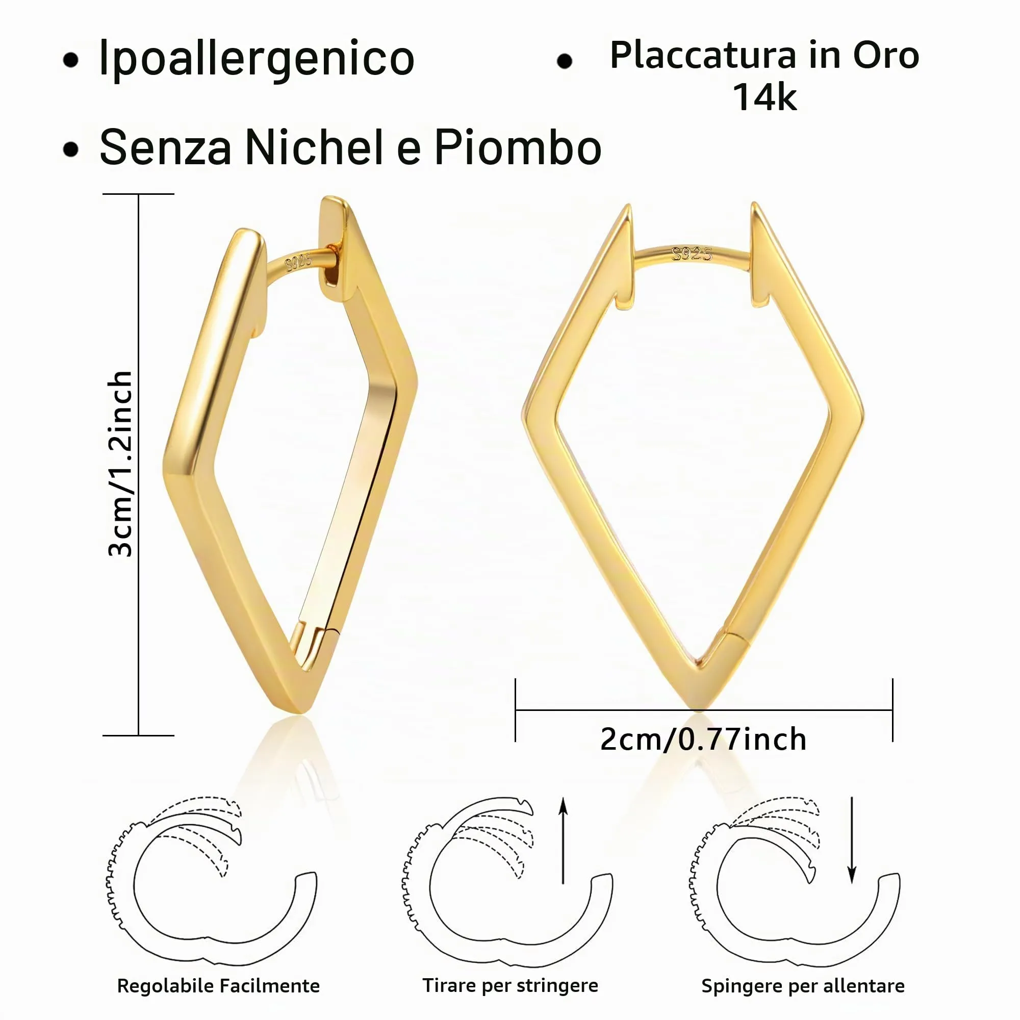 ALEXCRAFT Orecchini a Cerchio Rombici Dorati in Ottone 14k, 20x30 mm, SCEU119G - immagine 6