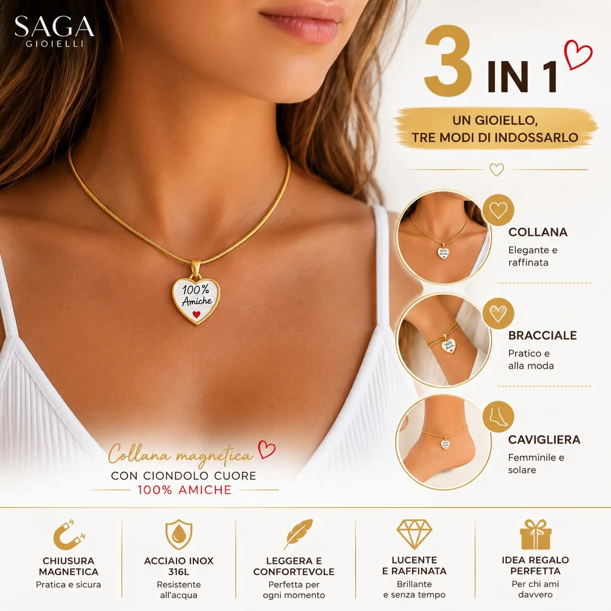 Saga Gioielli Collana Donna Magnetica con Ciondolo Essere Se Stessi in Acciaio Inox, Lunghezza 50,5 cm Regolabile - immagine 4