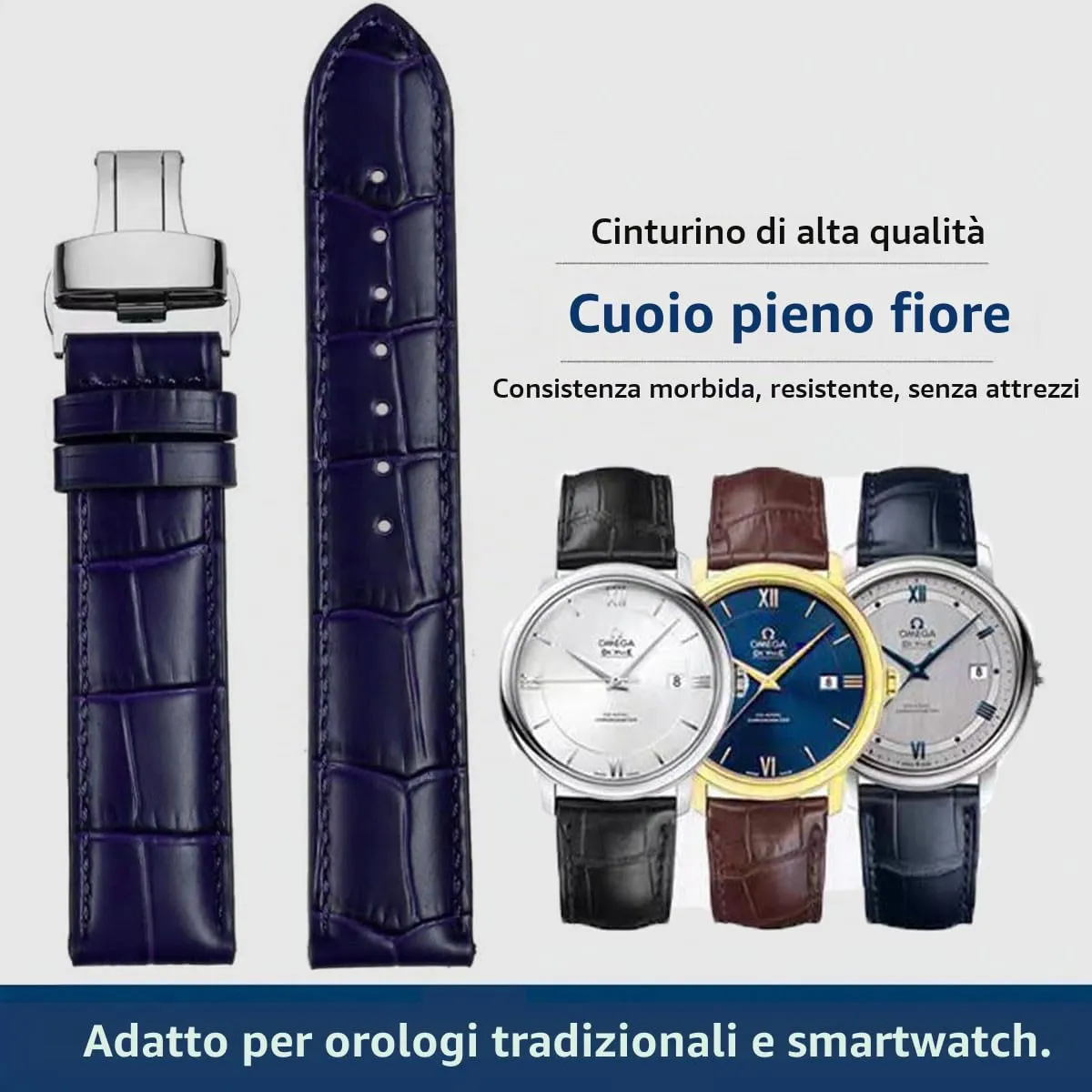 FOUUA Cinturino per Orologi in Vera Pelle Alligatore con Chiusura Deployante, 20mm, Blue - immagine 4