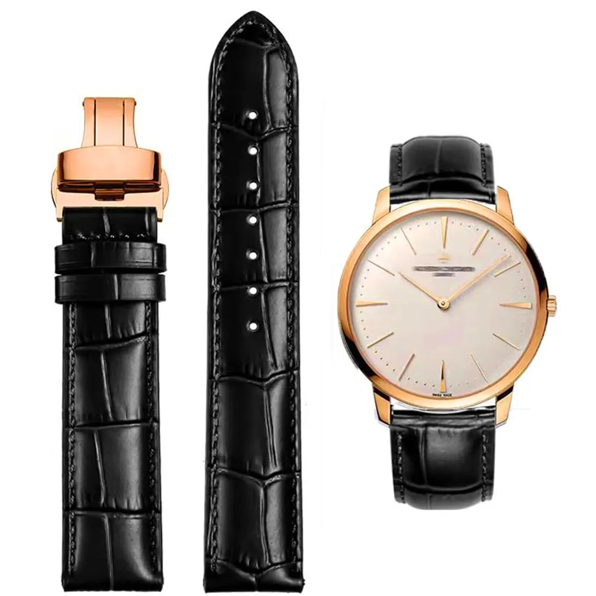 FOUUA Cinturino per Orologi in Vera Pelle Alligatore con Chiusura Deployante 22mm Nero Oro Rosa - immagine 1