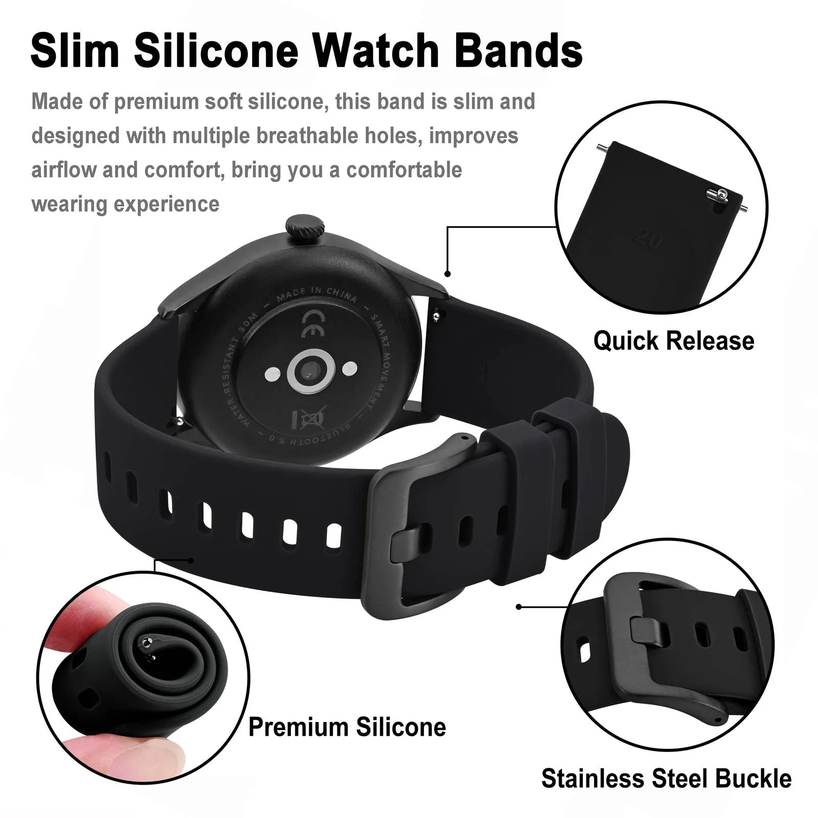 BISONSTRAP Cinturino per Orologi in Silicone, Sgancio Rapido, 22mm, Nero con Fibbia Nera - immagine 4
