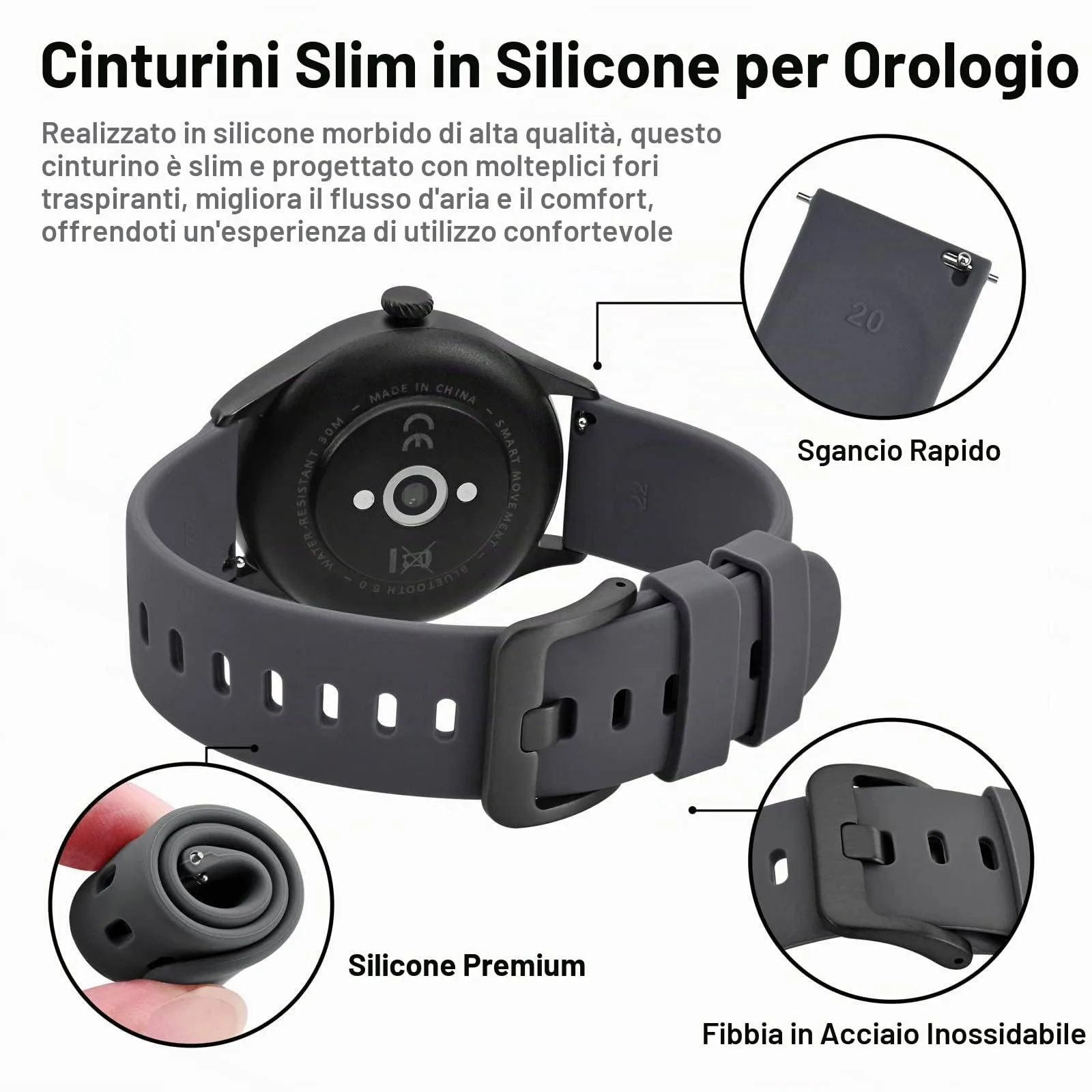 BISONSTRAP Cinturino per Orologi in Silicone con Sgancio Rapido, 22mm, Grigio con Fibbia Nera - immagine 4