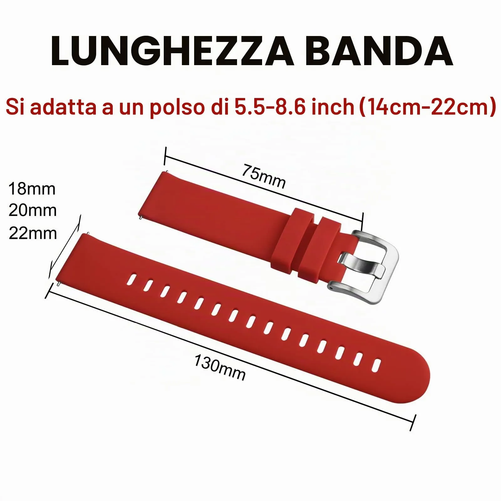 BISONSTRAP Cinturino per Orologi in Silicone 22mm, Rosso con Fibbia Argento - immagine 6