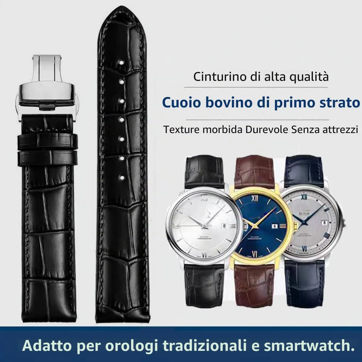 FOUUA Cinturino in vera pelle alligatore con chiusura deployante, 15mm - immagine 2