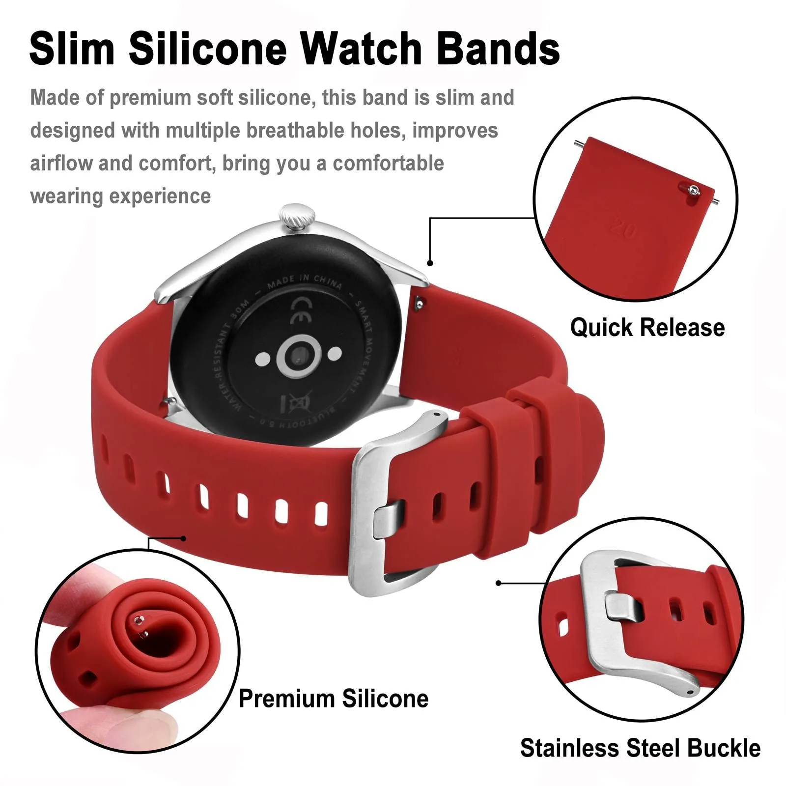 BISONSTRAP Cinturino per Orologi in Silicone 20mm, Rosso con Fibbia Argento - immagine 4