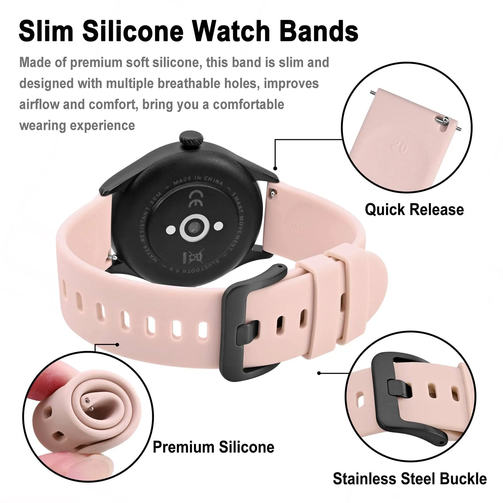 BISONSTRAP Cinturino in Silicone per Orologi, 18mm, Rosa con Fibbia Nera - immagine 4