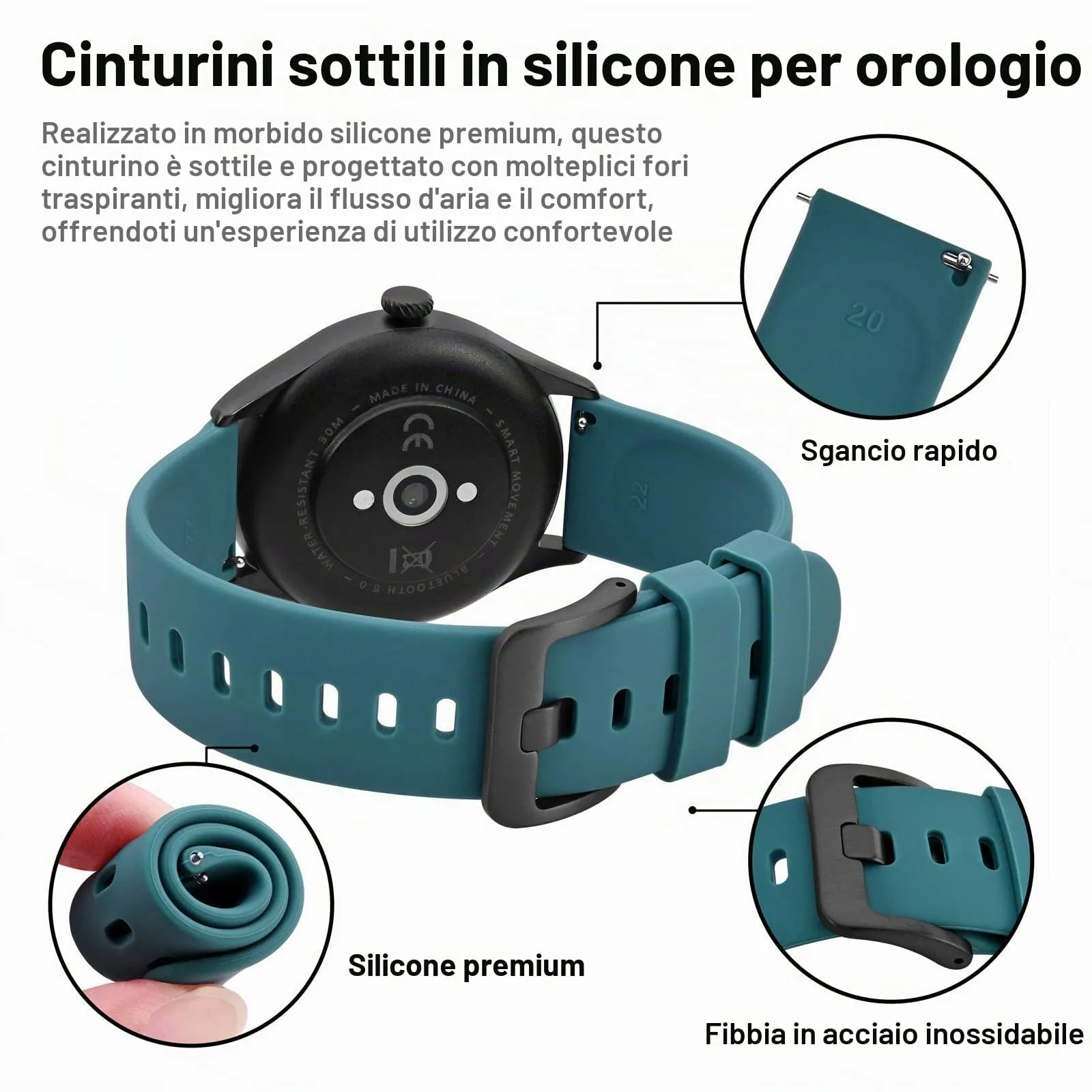 BISONSTRAP Cinturino per Orologi in Silicone 22mm, Ciano con Fibbia Nera - immagine 4