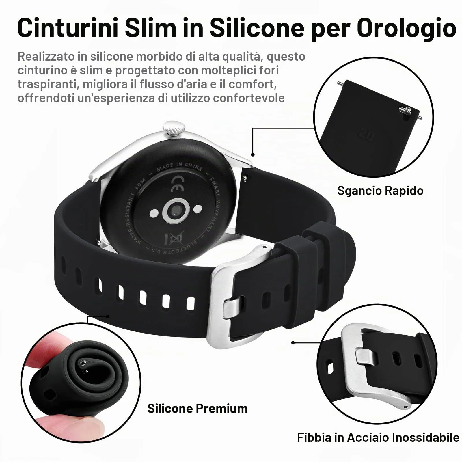 BISONSTRAP Cinturino per Orologi in Silicone con Sgancio Rapido, 20mm, Nero con Fibbia Argento - immagine 4