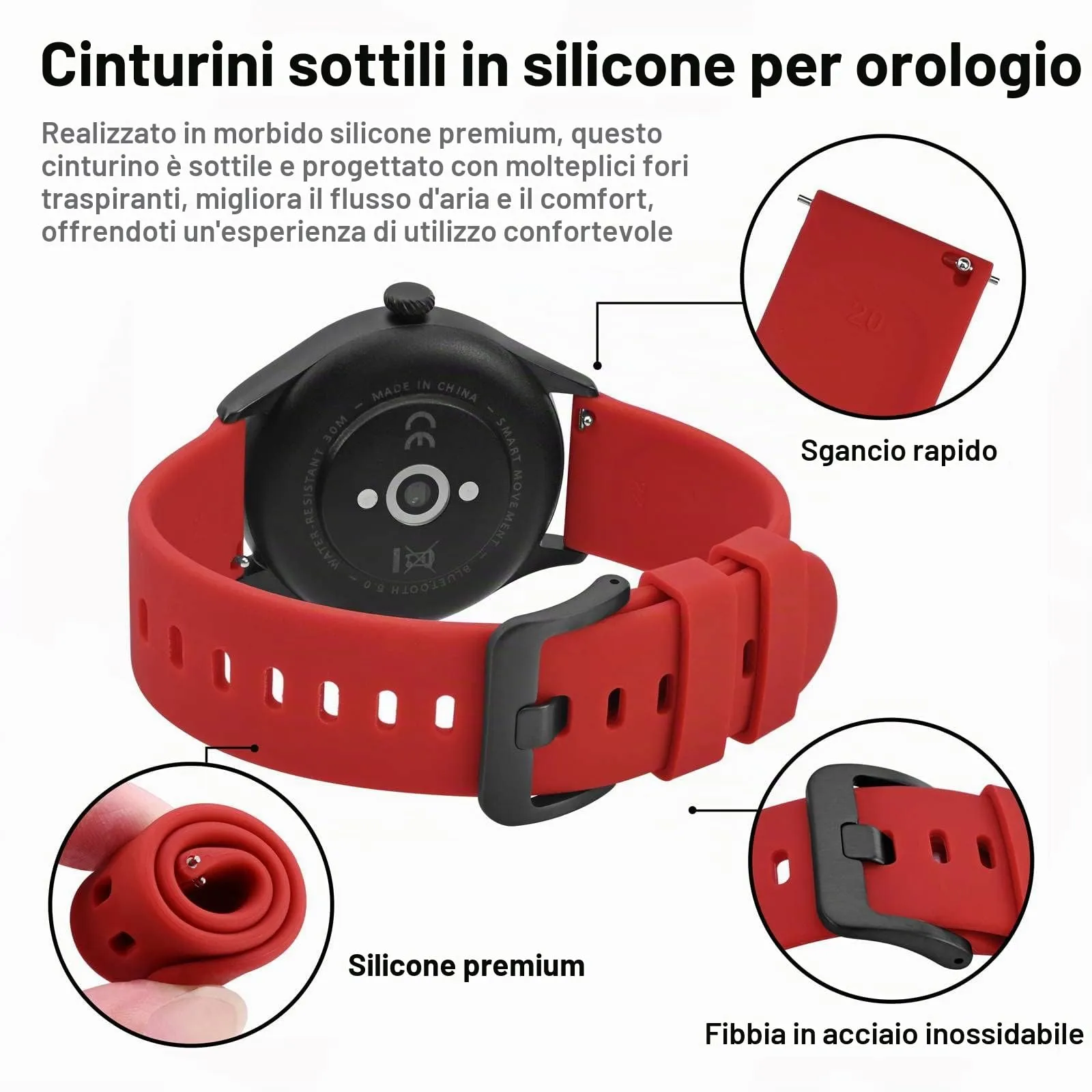 BISONSTRAP Cinturino per Orologi in Silicone, 22mm, Rosso con Fibbia Nera - immagine 4