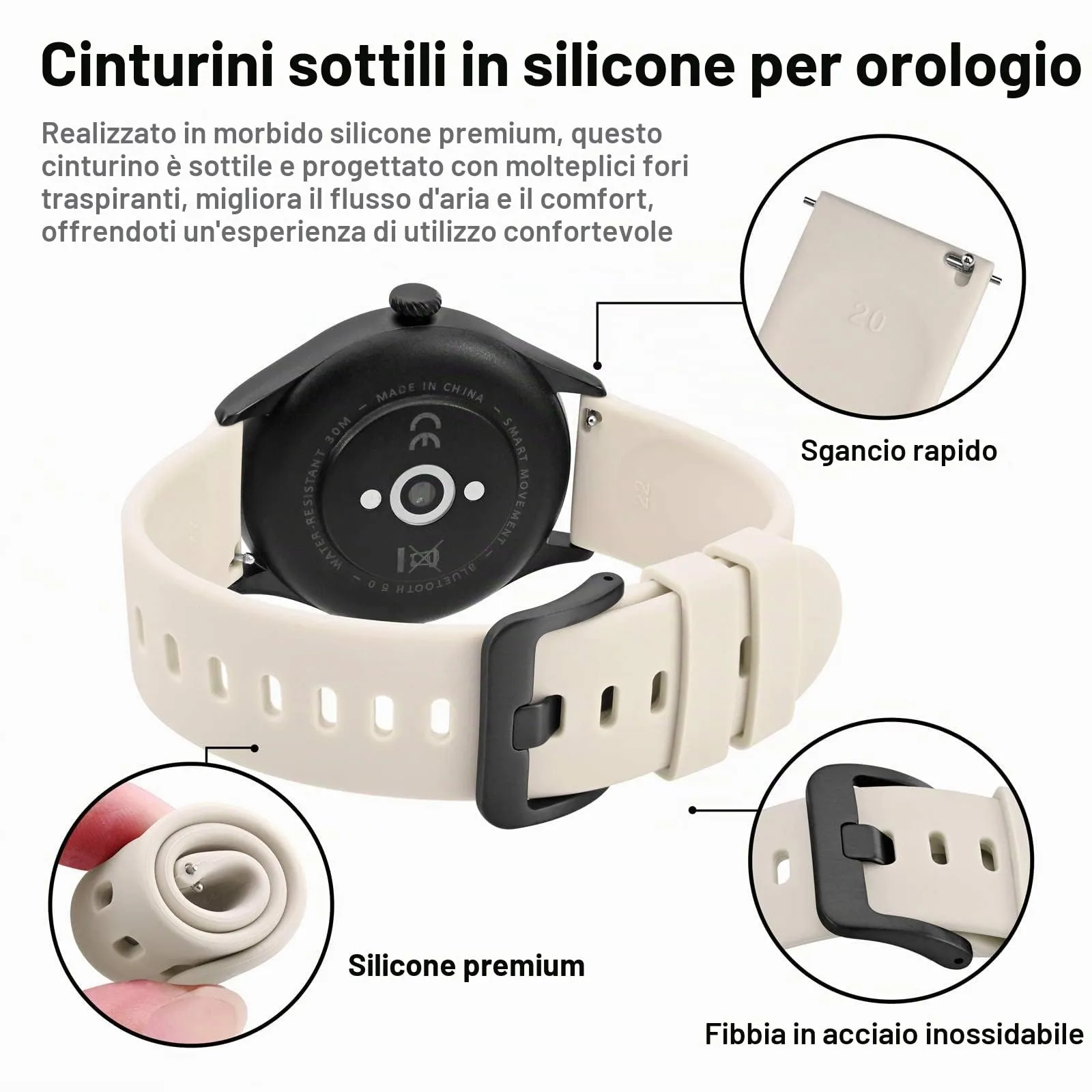 BISONSTRAP Cinturino in Silicone con Sgancio Rapido, 20mm, Avorio con Fibbia Nera - immagine 4